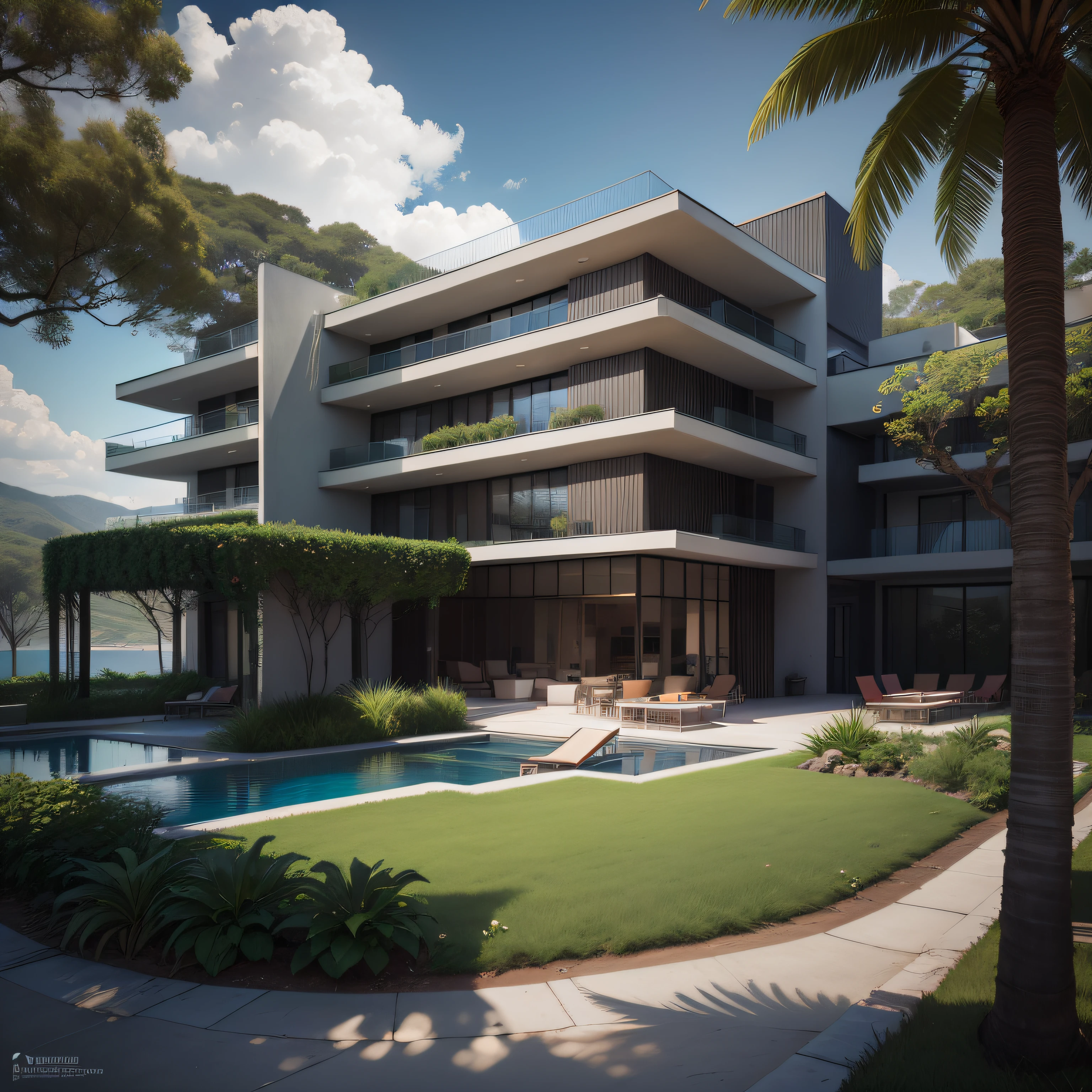 Grande hotel, Arquitetura futurista, building in the background, Architecture of a dark gray concrete building, madeira e vidro, Building with large lawn on the beach, Arquitetura moderna, grande piscina em frente ao hotel, restaurante interior com grandes fachadas em vidro, grandes candeeiros no interior, lots of vegetation around, hotel  com 120 quartos, Arquitetura moderna, organic architecture, Geometria luxuosa, hiper-realista, Fantastic 8K architecture, UHD — AR 16: