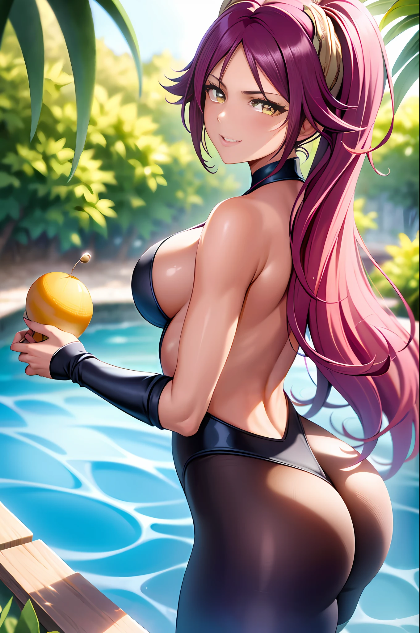 (Obra maestra, La mejor calidad:1.2), solamente, 1girl, ((sexy)), shihouin yoruichi, sonrisa perfecta, manos en las caderas, ojos realistas, La mejor calidad, boca cerrada, beautiful lighting, Kinematic, 8k, facial, wet face, liner, paredes de madera, tetas medianas, mini falda, caderas anchas, ojos amarillos, erotismo, sensualidad, culo grande, sexy, looking back, big ass, masive ass, facing back