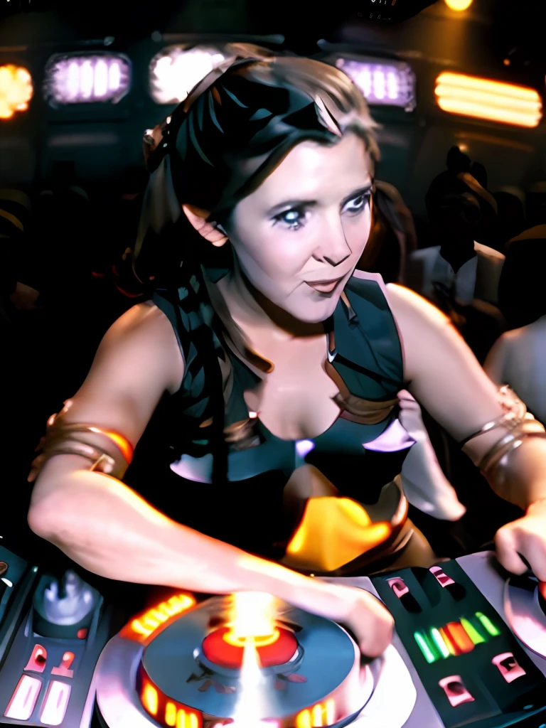 carrie fisher_v1 1970 a DJ, showcasing her skills on the turntables at a vibrant rave."