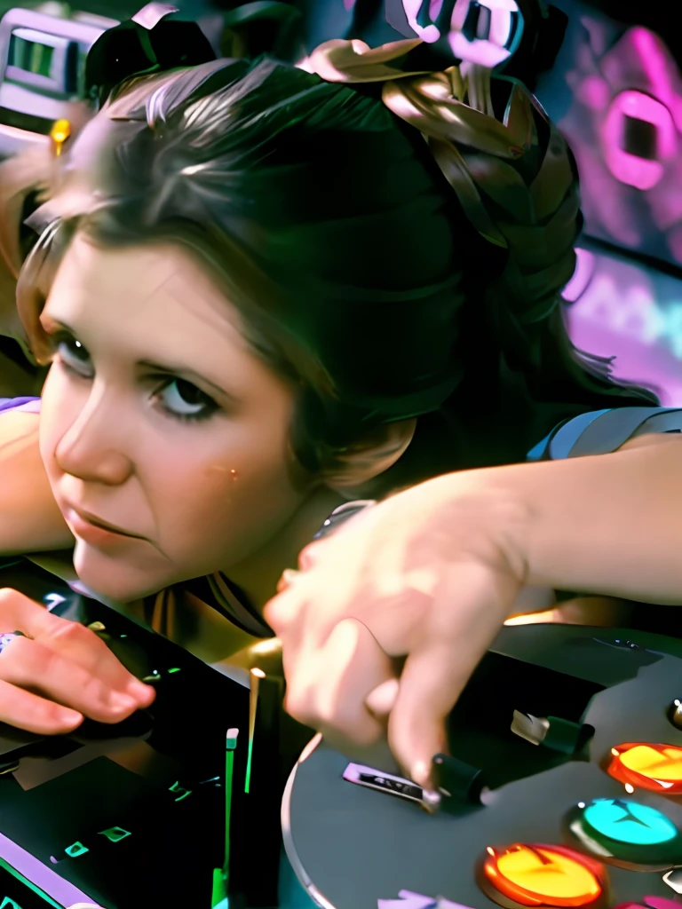 carrie fisher_v1 1970 a DJ, showcasing her skills on the turntables at a vibrant rave."