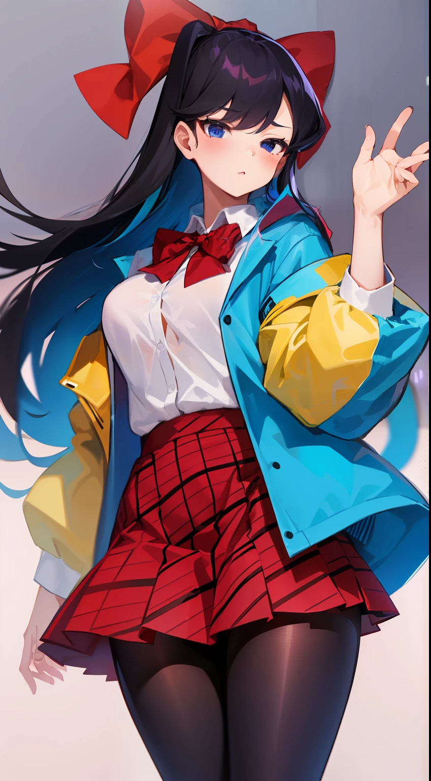 komi shoko, 1girl, white shirt, blue jacket, streaked skirt, streaked bow, red skirt, red bow, pantyhose masterpiece, best quality, masterpiece, cowboy shot, perfect light, perfect background, detailed,komi san,