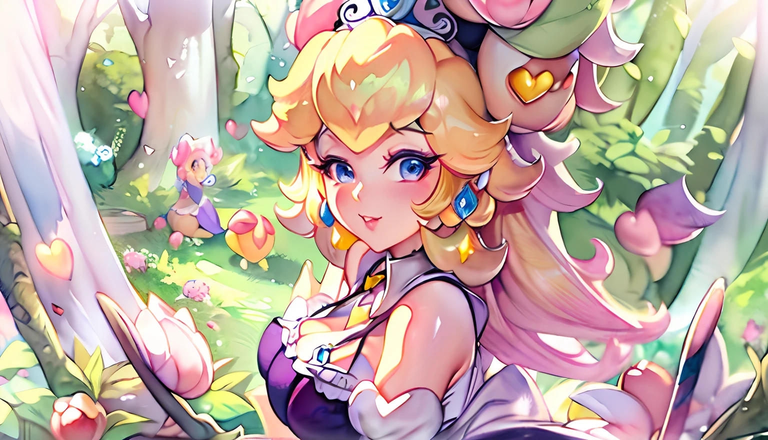 (Princess Peach:1.5),(sexy maid:1.2),(magical forest:1.2),(cutesexyrobutts:1.2),(RossDraw 2.5:1.1),(KDA:1.1),(WLOP:1.1),(Sakimichan:1.1),(watercolor:1.2)