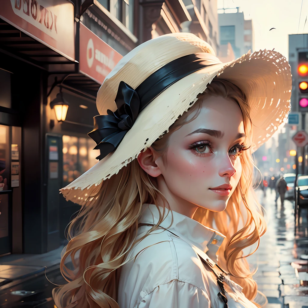 (best quality, masterpiece, realistic:1.3), (detailed), a woman in a white dress and woman's hat standing in front of a wet street, portrait of very beautiful girl , (looking at the viewer:1.1), long blond hair, loving smile, cityscape, the golden hour, elegant decollate, photo of a beautiful, on the streets, (camera field of depth:1.3),(left side of composition:1.3), insanely detailed, enhanced hd, Sony a7III, style of ivan shishk, 16k, UHD, HDR,(Masterpiece:1.5),(best quality:1.5) --auto --s2