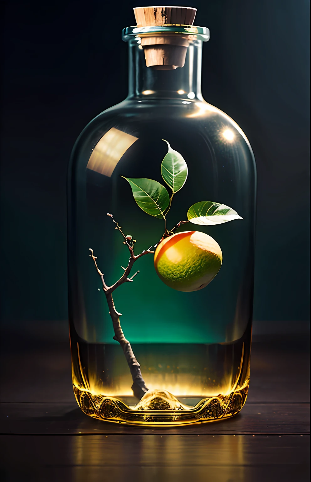 Mango tree in a bottle, fluffy, realistic, atmospheric light refraction, photographed by lee jeffries, nikon d850 film Stock Photo 4 Kodak portra 400 camera f1.6 lens, rich colors, ultra realistic realistic textures, dramatic lighting, unreal engine trending on artstation cinestill 800, Style-Glass