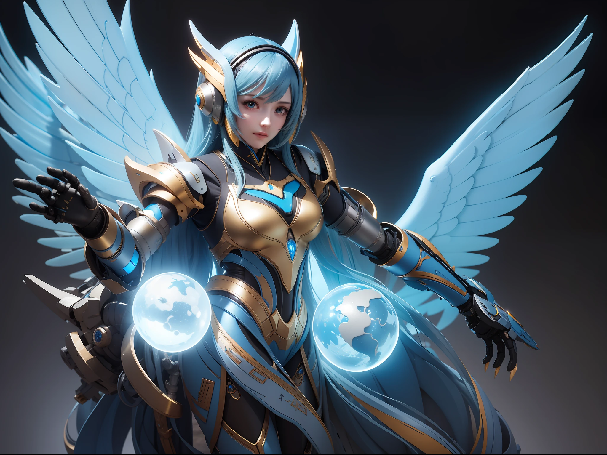 Female blue-yellow mech sculpture,Skysky,The mech is rich in detail,Mechanical skin texture,Silver-toned robotic wing detailing