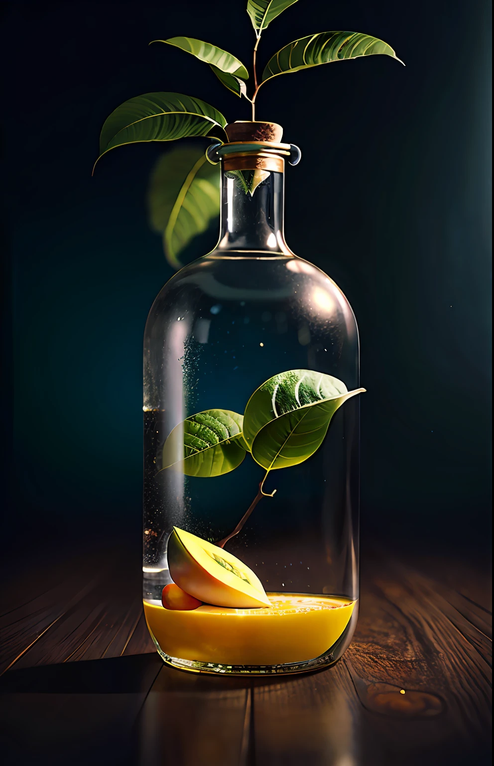 Mango tree in a bottle, fluffy, realistic, atmospheric light refraction, photographed by lee jeffries, nikon d850 film Stock Photo 4 Kodak portra 400 camera f1.6 lens, rich colors, ultra realistic realistic textures, dramatic lighting, unreal engine trending on artstation cinestill 800, Style-Glass