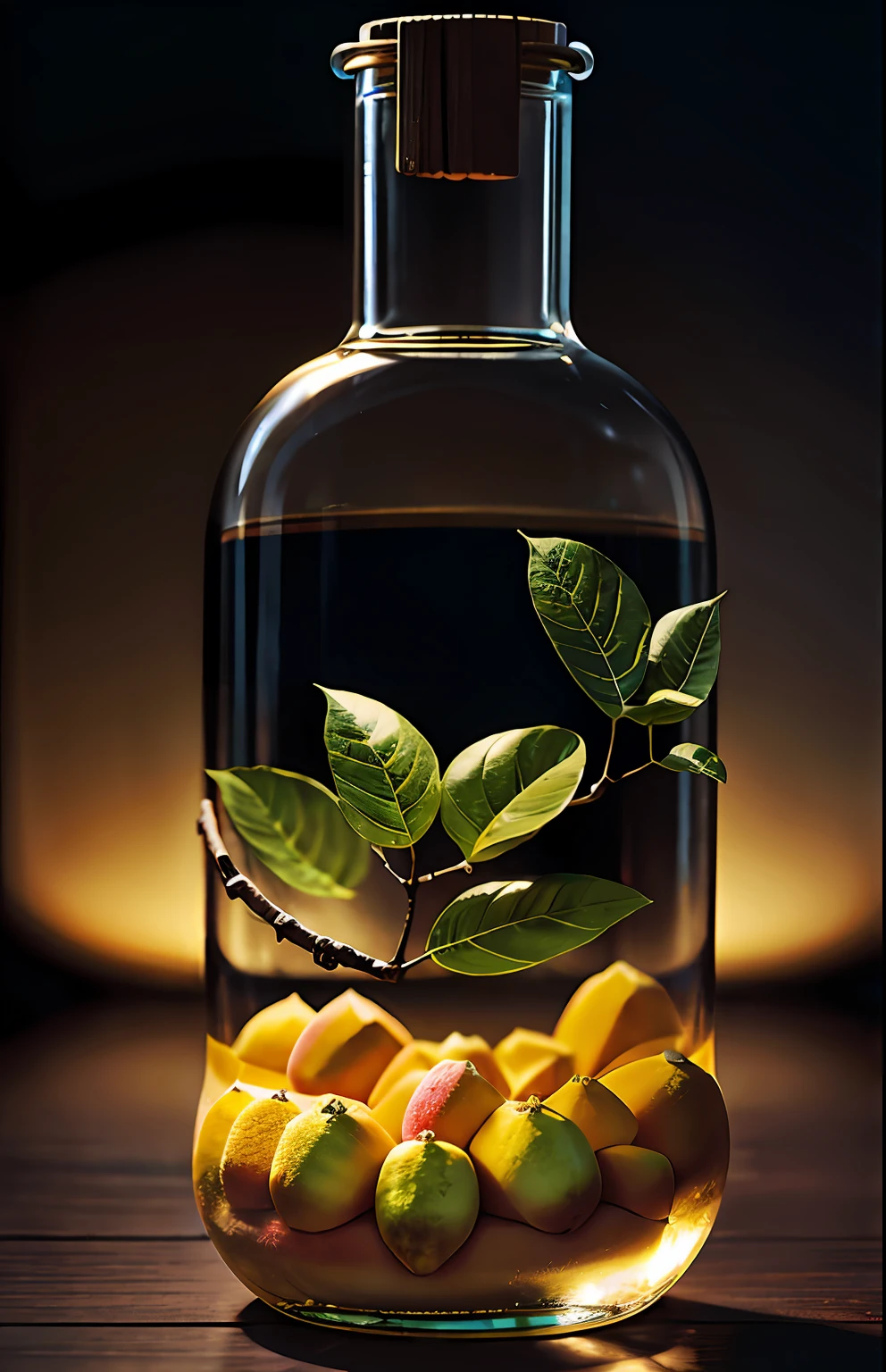 Mango tree in a bottle, fluffy, realistic, atmospheric light refraction, photographed by lee jeffries, nikon d850 film Stock Photo 4 Kodak portra 400 camera f1.6 lens, rich colors, ultra realistic realistic textures, dramatic lighting, unreal engine trending on artstation cinestill 800, Style-Glass