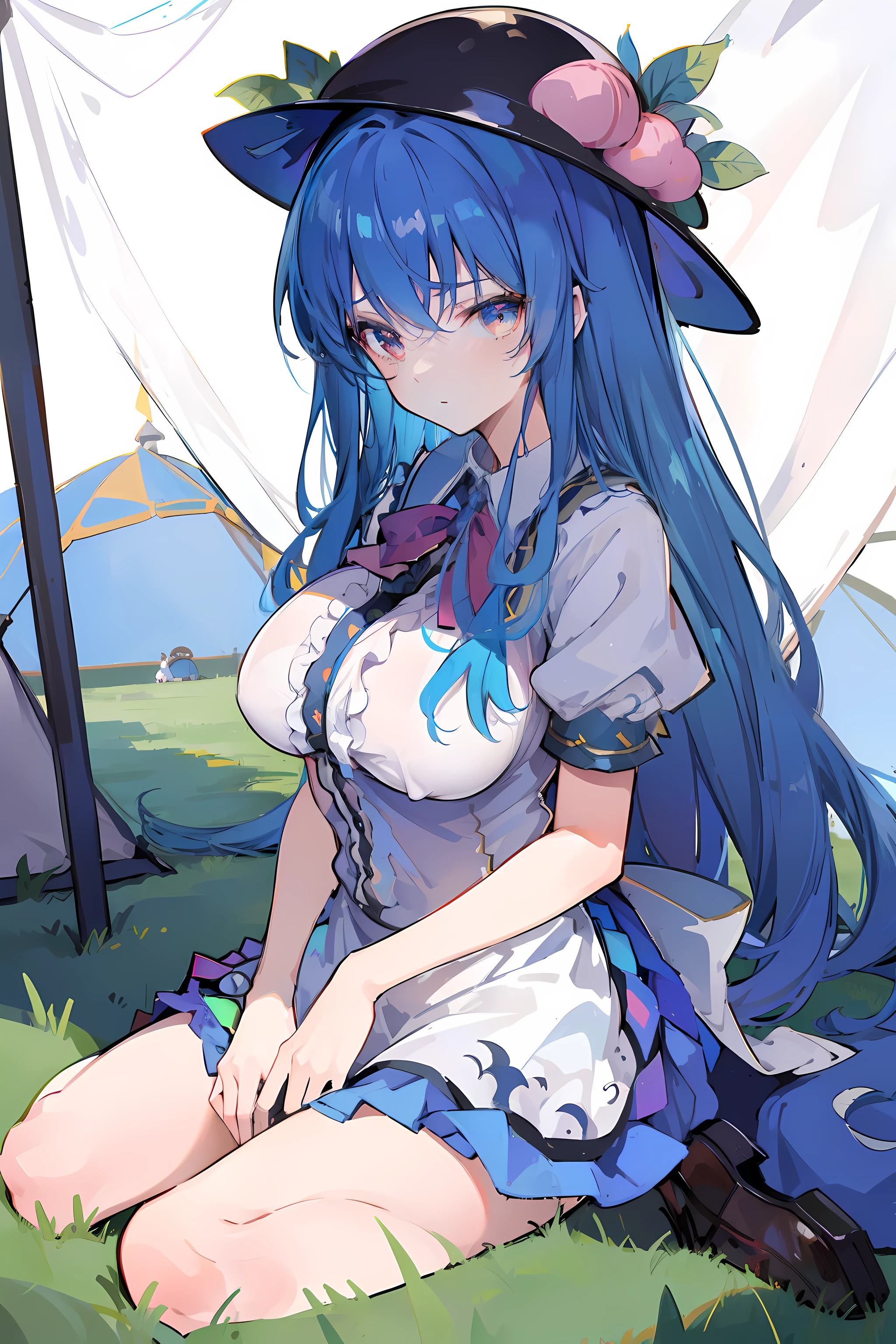 (masterpiece),best quality, expressive eyes, perfect face,w sitting, w sitting on ground, legs on ground, 1girl,
big breast, H-cup, good breast, hands on waist,beautiful, gorgeous,anime,girl,lora,hinanawi tenshi, blue hair, blue haired,tent boobs, tent chest, tent breast, floating clothes