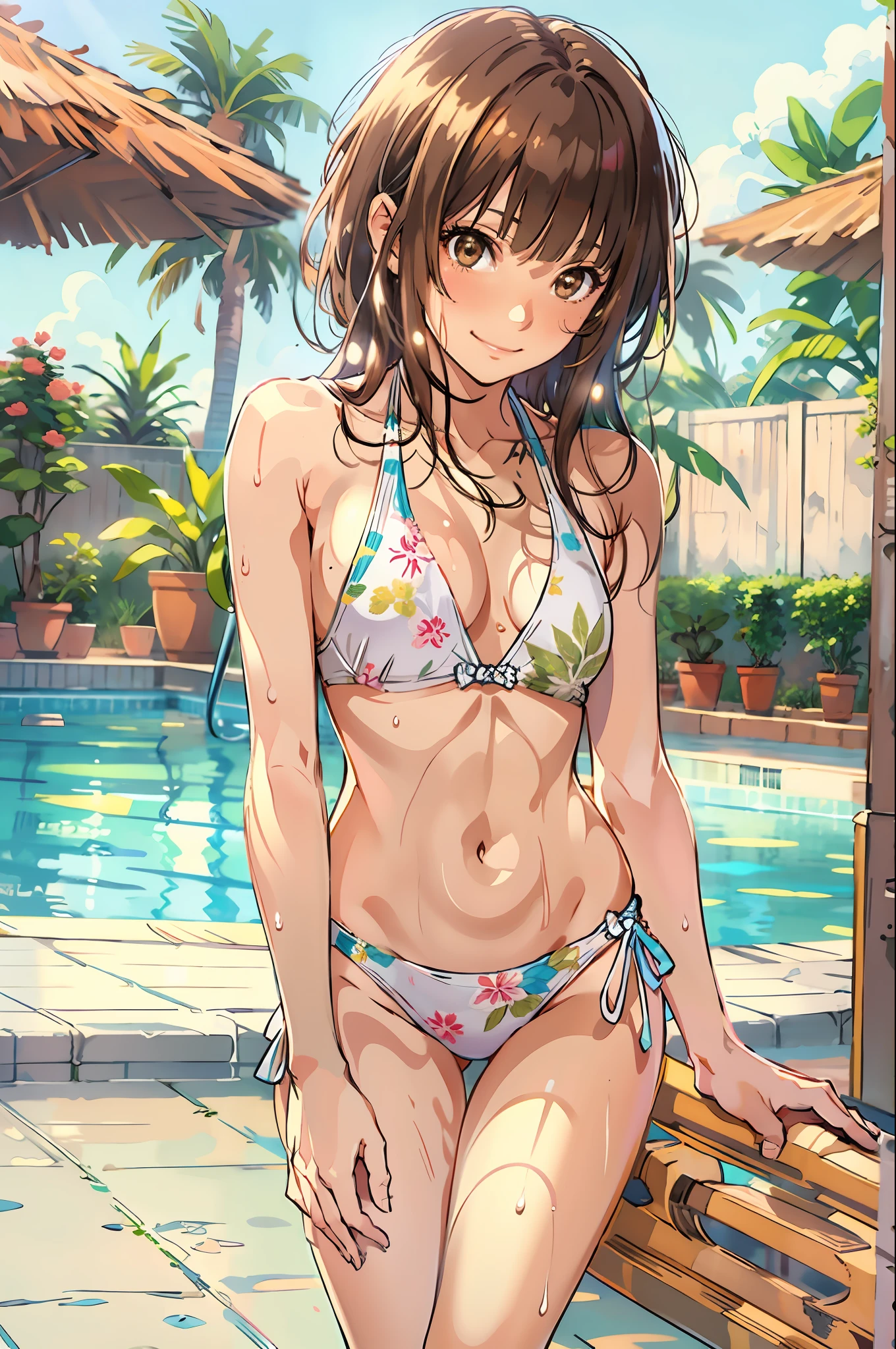 masutepiece, Best Quality, hight resolution, KR1, Brown eyes, Blunt bangs, nice hand, Perfect hands, onepiece swimsuit, Small breasts, Wet, in poolside, Smile,