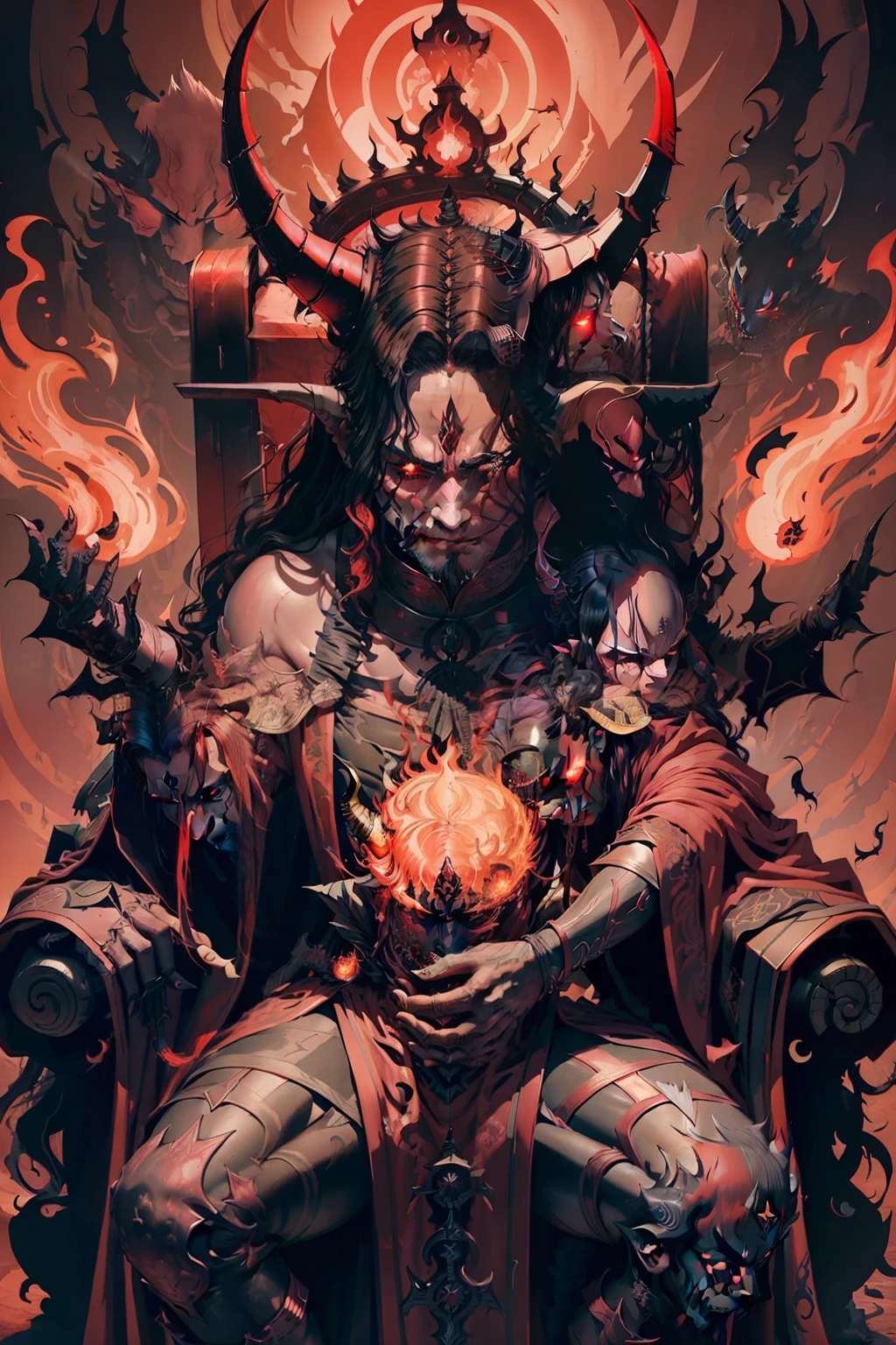 Servant of the Demons, A dark wizard in a fiery red robe, With long black hair and horns on his head, he fell on one knee near the throne of the demon lord, Flames swirl around
