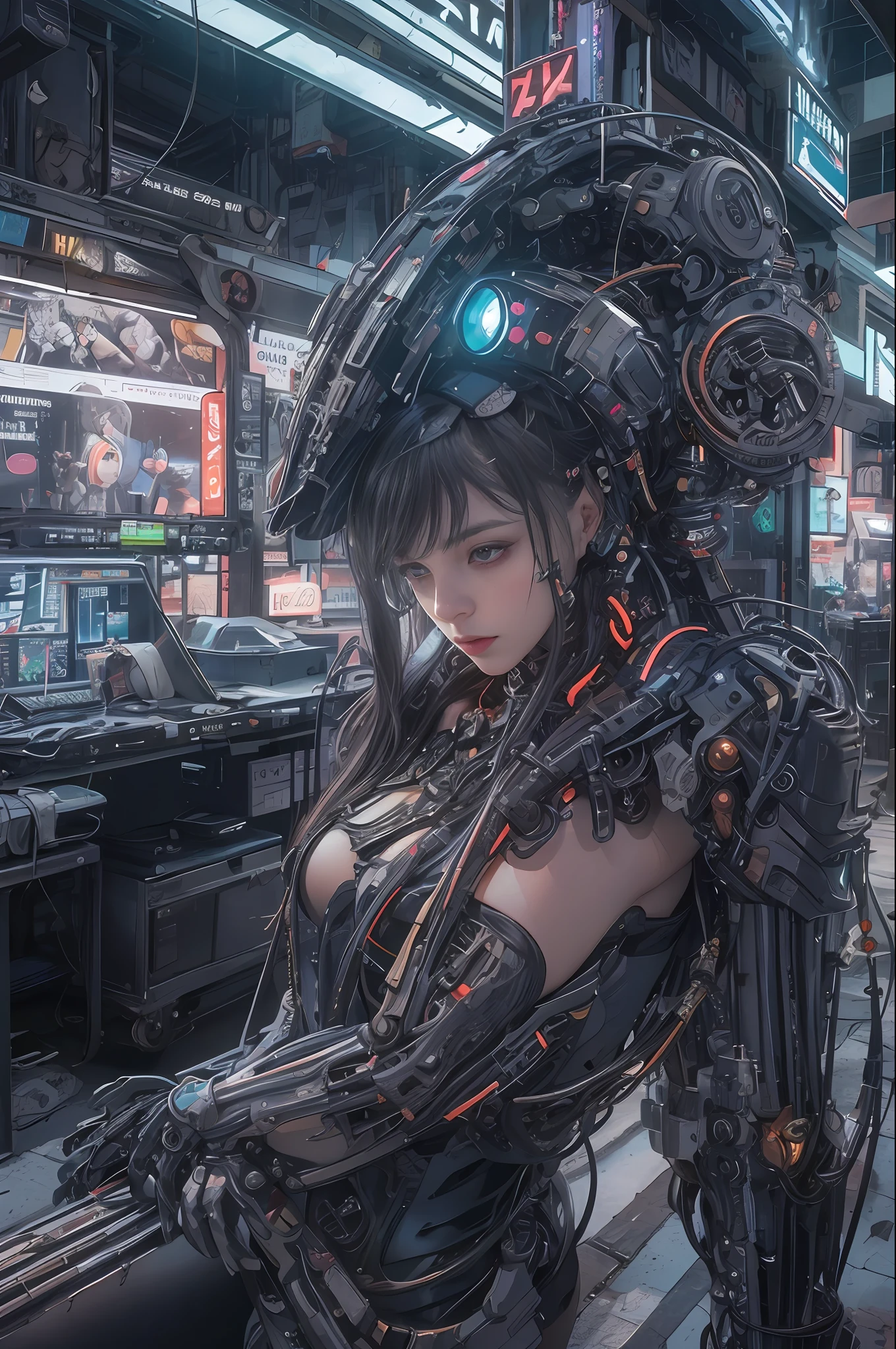 Top Quality, Masterpiece, Ultra High Resolution, ((Photorealistic: 1.4), Raw Photo, 1 cyberpunk Girl, Glossy Skin, 1 Mechanical Girl, (Ultra Realistic Details)), mechanical limbs, tubes connected to the mechanical parts, mechanical vertebrae attached to the spine, mechanical cervical attachment to the neck, wires and cables connecting to the head, evangelion, small glowing LED lamps, global lighting, deep shadows, Octane Rendering, 8K, Ultra Sharp, Metal, Intricate Ornament Details, baroque details, Very intricate details, realistic light, CGSoation trend, facing the camera, neon details, (dazzling Cyberpunk city streets in background), fish eye lens view.