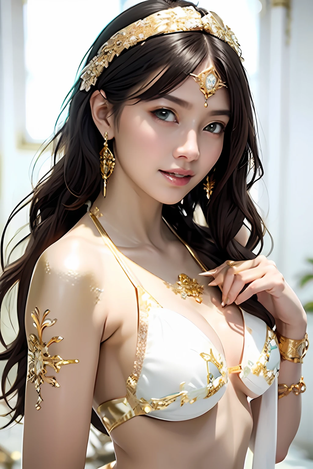 Ultra-detailed complex 3D rendering of faces、(​masterpiece、top-quality、octan render、)、Glamour shot full body image、Very beautiful young elf、 cleavage of the breast、(highlydetailed skin:1.2)、(Pubic hair shows through:1.1)、(((White and gold micro bikini and jewelry:1.95))))。、８K、((Very soft breasts))、((noticeable large pink areola))、((large full breasts:１.4))、Beautiful Caucasian woman with big buttocks full soft breasts and white skin、1 persons、Long braided hair、large full breasts、dynamic ungle,((Jewel Magic Wand)) 、hyper realistic photography、(((Black hair)))、（futuristic city backdrop）、face muscles、(((Detailed and ornate diamond crown))))、In the style of Marvel Comics、 ArtStation Trends, Clear focus, intricate detailes, ighly detailed, Detailed green eyes, foco nítido, a digital rendering, proffesional、abdominals、glowy skin、sexypose、（Golden tattoos all over the body）、Golden lame skin、Mansuji、s ass、（Jewel the whole body）、It has silver scales）、a blond、Seductive look、Detailed and beautiful white teeth、Armpit、both sides