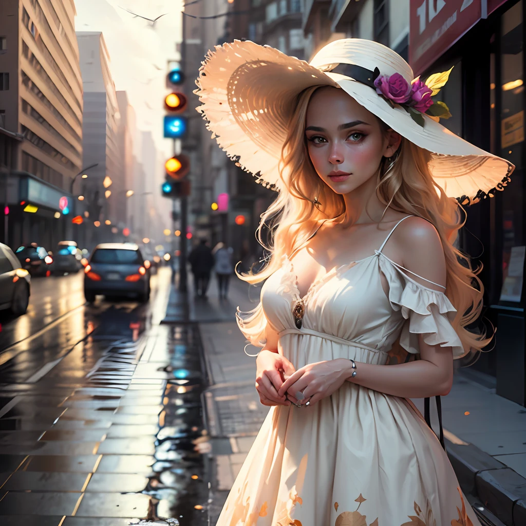(best quality, masterpiece, realistic:1.3), (detailed), a woman in a white dress and woman's hat standing in front of a wet street, portrait of very beautiful girl , (looking at the viewer:1.1), long blond hair, loving smile, cityscape, the golden hour, elegant decollate, photo of a beautiful, on the streets, (camera field of depth:1.3),(left side of composition:1.3), insanely detailed, enhanced hd, Sony a7III, style of ivan shishk, 16k, UHD, HDR,(Masterpiece:1.5),(best quality:1.5) --auto --s2