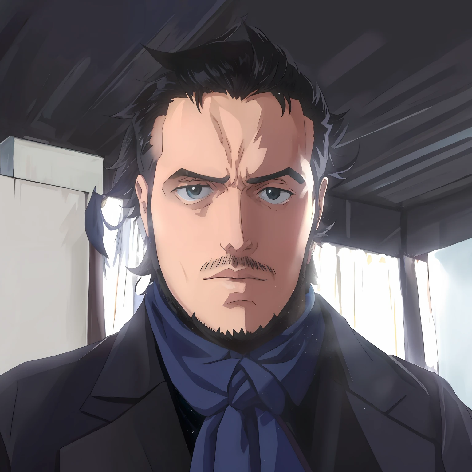 anime, man, neck blue scarf, black suit, black overcoat, short ponytail, tiny beard