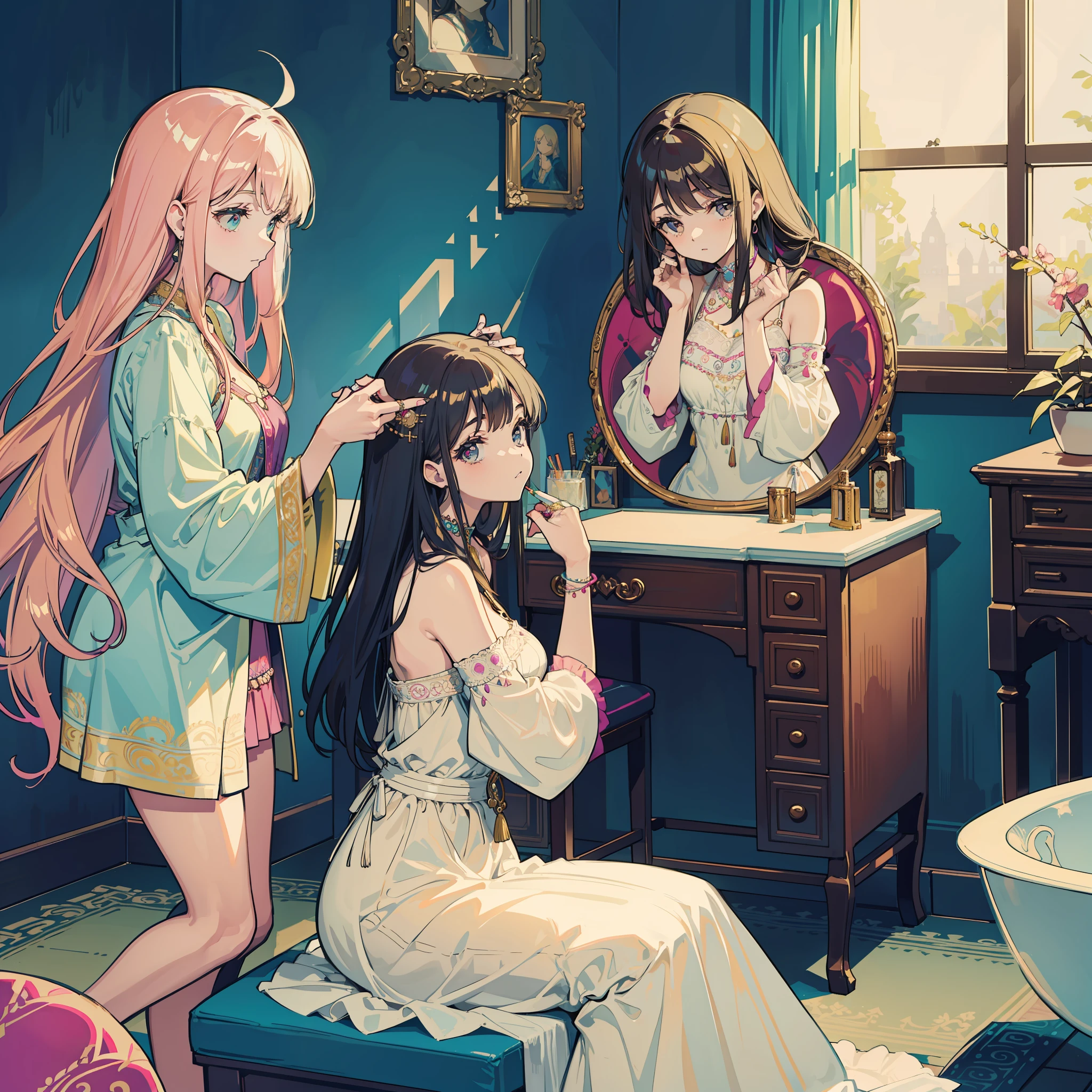 Estilo boho-chic. Una hermosa mujer ayuda a su hermosa hermana a maquillarse. They are in a room with a stunning vintage style vanity. Son mujeres que se visten de una manera moderna muy atractiva.. 2023.