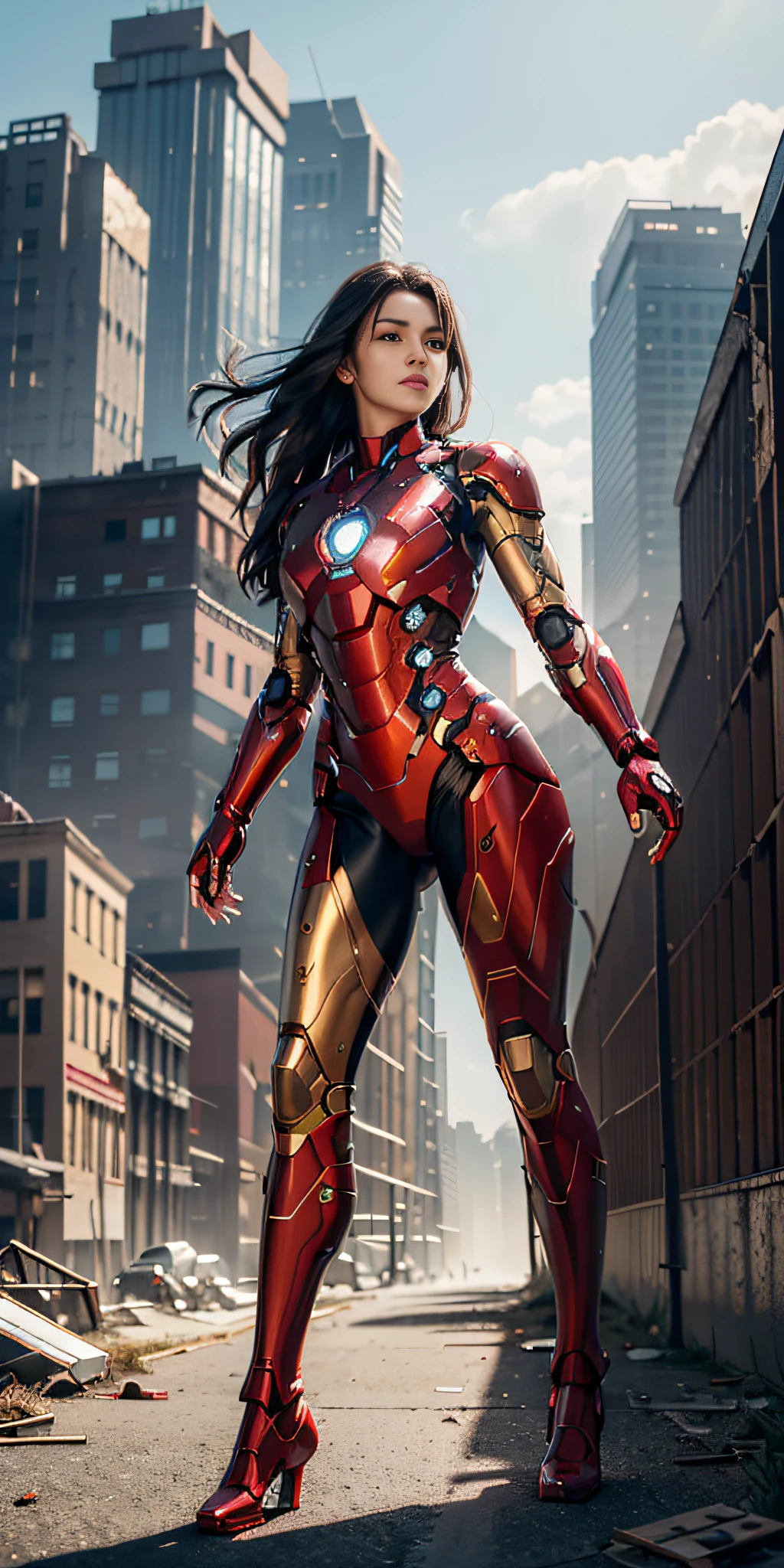RAW, Masterpiece, Ultra Fine Photo,, Best Quality, Ultra High Resolution, Photorealistic, Sunlight, Full Body Portrait, Stunningly Beautiful,, Dynamic Poses, Delicate Face, Vibrant Eyes, (Side View) , she is wearing a futuristic Iron Man mech, red and gold color scheme, highly detailed abandoned warehouse background, detailed face, detailed and complex busy background, messy, gorgeous, milky white, high detailed skin, realistic skin details, visible pores , sharp focus, volumetric fog, 8k uhd, dslr camera, high quality, film grain, fair skin, photorealism, lomography, sprawling metropolis in futuristic dystopia, view from below, translucent