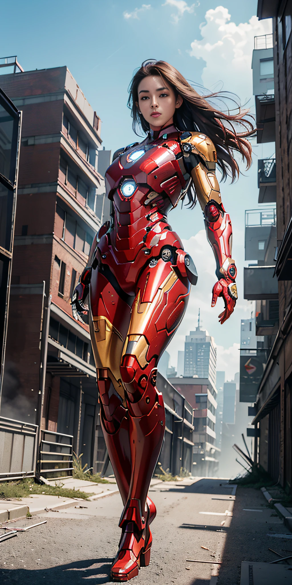 RAW, Masterpiece, Ultra Fine Photo,, Best Quality, Ultra High Resolution, Photorealistic, Sunlight, Full Body Portrait, Stunningly Beautiful,, Dynamic Poses, Delicate Face, Vibrant Eyes, (Side View) , she is wearing a futuristic Iron Man mech, red and gold color scheme, highly detailed abandoned warehouse background, detailed face, detailed and complex busy background, messy, gorgeous, milky white, high detailed skin, realistic skin details, visible pores , sharp focus, volumetric fog, 8k uhd, dslr camera, high quality, film grain, fair skin, photorealism, lomography, sprawling metropolis in futuristic dystopia, view from below, translucent