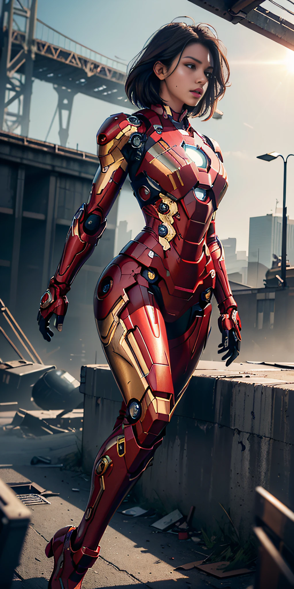 RAW, Masterpiece, Ultra Fine Photo,, Best Quality, Ultra High Resolution, Photorealistic, Sunlight, Full Body Portrait, Stunningly Beautiful,, Dynamic Poses, Delicate Face, Vibrant Eyes, (Side View) , she is wearing a futuristic Iron Man mech, red and gold color scheme, highly detailed abandoned warehouse background, detailed face, detailed and complex busy background, messy, gorgeous, milky white, high detailed skin, realistic skin details, visible pores , sharp focus, volumetric fog, 8k uhd, dslr camera, high quality, film grain, fair skin, photorealism, lomography, sprawling metropolis in futuristic dystopia, view from below, translucent