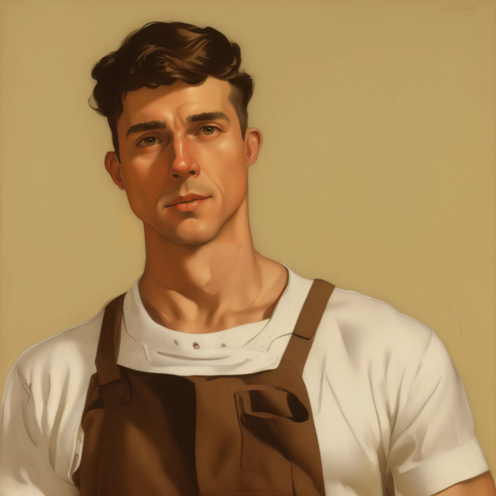 Painting of a man in overalls and white shirt, young face, smooth skin artist wearing overalls, Nelson Kenton, Directed by: Jon Whitcomb, Directed by: Morris Kestelman, starving artist wearing overalls, Directed by: Pedro Rockwell, inspirado em Richard Rockwell, Raphael Hopper, Bo Bartlett, Directed by: Saulo Tepper, Estilo Norman Rockwell, Norman Rockwell Ross