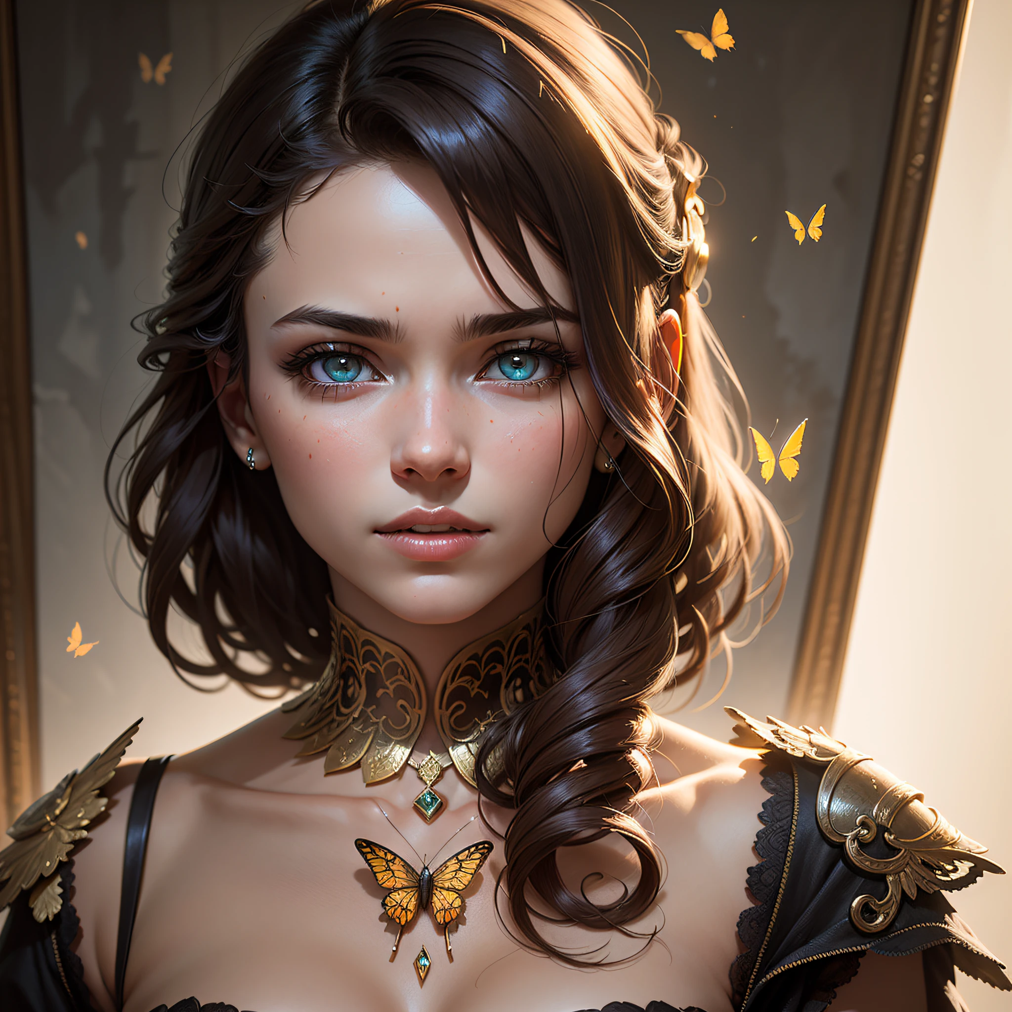 photo, 8k portrait of beautiful cyborg with brown hair, intricate, elegant, highly detailed, majestic, digital photography, art by artgerm and ruan jia and greg rutkowski surreal painting gold butterfly filigree, broken glass, (masterpiece, sidelighting, finely detailed beautiful eyes: 1.2), hdr, realistic, high definition