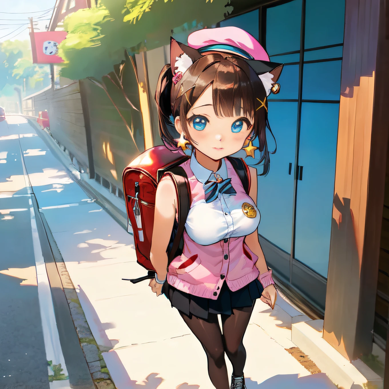 2 girls,(Highly detailed CG Unity 8k wallpaper), (Best Quality), (Super Detail), (Best Illustration), (Best Shadow), POV, Realistic lighting and shading, Natural light, Lens flare effect,(Osaka,Background of Osaka Castle:1.3), (early morning,appointment:1.3),(outside of house:1.5), And,
2girls,
(Cute: 1.5), (Chibi: 0. 8), (kawaii: 1.5), (Lori: 0. 5), BREAK, ((17 year old girl), Very detailed, Colorful, Best Detail, BREAK, (Large breasts: 1. 2,), Clear skin, Beautiful skin, Shy, 1 beautiful girl, ( Brown hair,Cat ears, Pony tail, Medium Long Hair: 1. 2), (Light blue eyes, long eyelashes, Double eyelids: 1.2), Solo, Glowing skin, BREAK, (Skirt by the Way, Mini skirt, Black pantyhose: 1.2), (Sleeveless, Sleeveless shirt, Red Shirt: 1.2), (star-shaped earring: 1.1), (Race catsuits: 1.0), (Cute Accessories: 1. 3),
And,
2girls,
(Cute:1.5),(Chibi:0.8), (kawaii:1.5),(Lori:0.5), BREAK, ((girl, Cute, Cheerful, Loli face, slightly bulging chest,(Black hair,Disheveled short bob,tareme:1.2), gleaming skin, Stuffed rabbit,BREAK,(rucksack:1.2), (White shirt,Pink cardigan, :1.2), (White rabbit ear headband:1.0), (Black sneakers:1.0), (jewely, brooches,star-shaped earring:1.1), (beret, X Hair Ornament:1.3), (vertical-striped skirt, striped pantyhose:1.1),