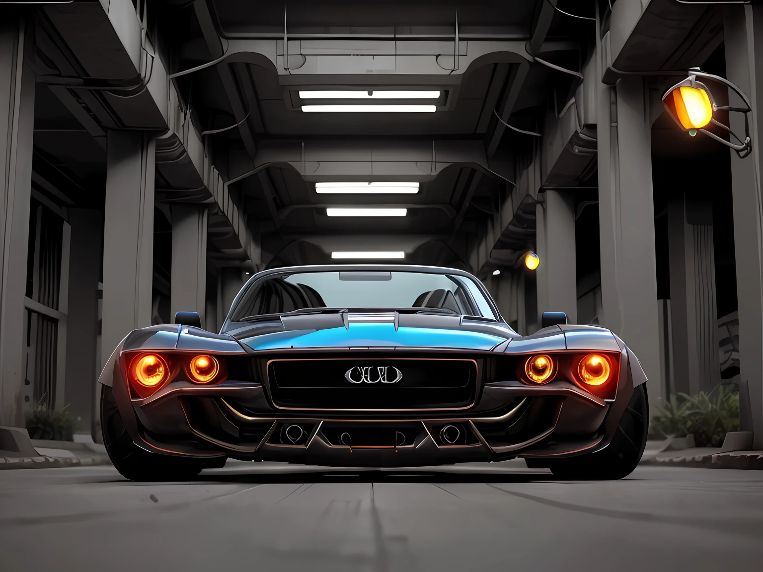 a 3/4 front view of ((futuristic cyberpunk hotrod zeekars)) (with glowing tires), at the parking lot,