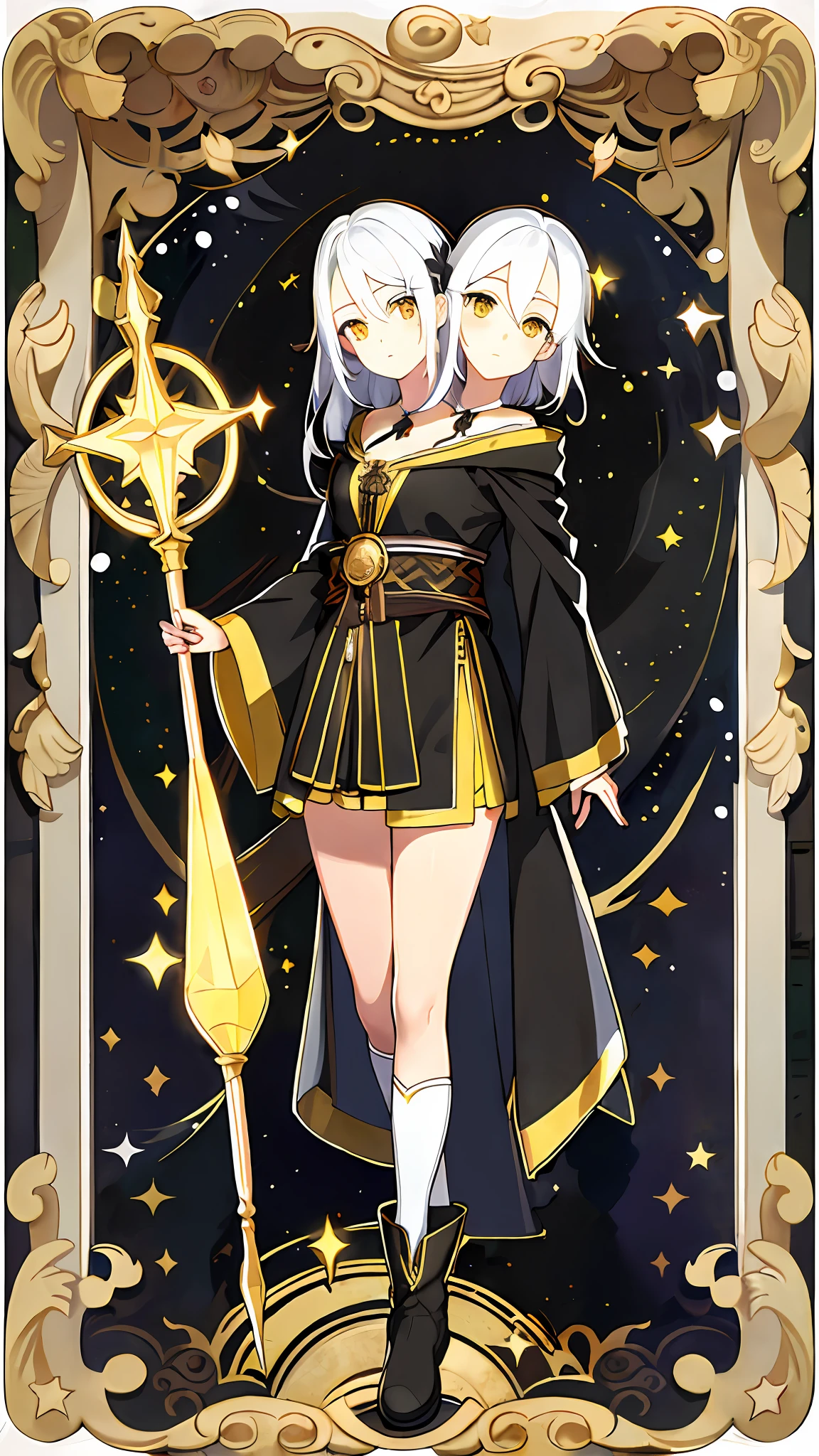 (masterpiece, best quality), best resolution, (2heads:1.5), 1girl, white hair, yellow eyes, black wizard robe, brown boots, holding a magic staff, starry background