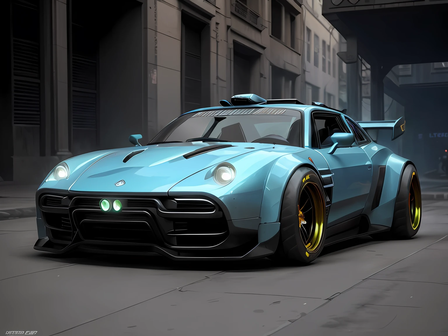 a 3/4 front view of ((futuristic cyberpunk hotrod zeekars)) (with glowing tires), at the parking lot,
