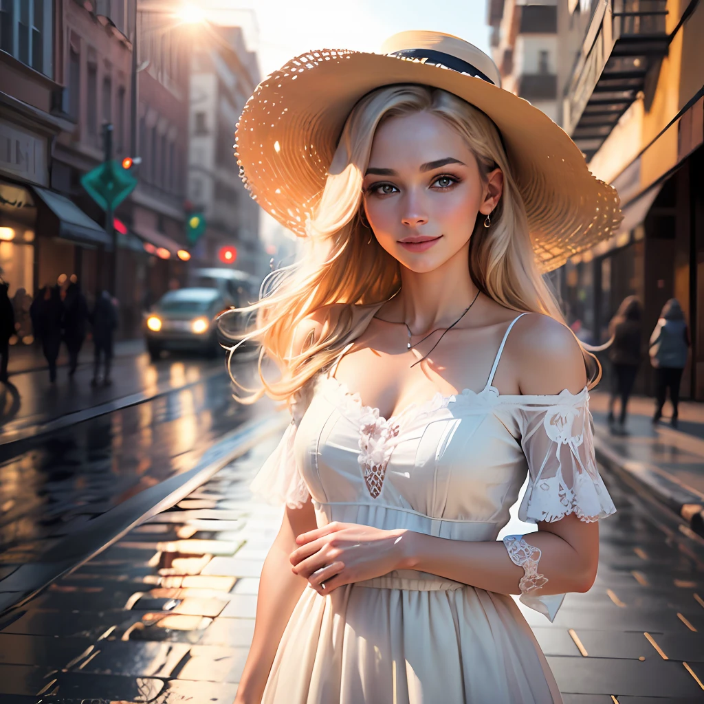 (best quality, masterpiece, realistic:1.3), (detailed), a woman in a white dress and woman's hat standing in front of a wet street, portrait of very beautiful girl , (looking at the viewer:1.1), long blond hair, loving smile, cityscape, the golden hour, elegant decollate, photo of a beautiful, on the streets, (camera field of depth:1.3),(left side of composition:1.3), insanely detailed, enhanced hd, Sony a7III, style of ivan shishk, 16k, UHD, HDR,(Masterpiece:1.5),(best quality:1.5) --auto --s2