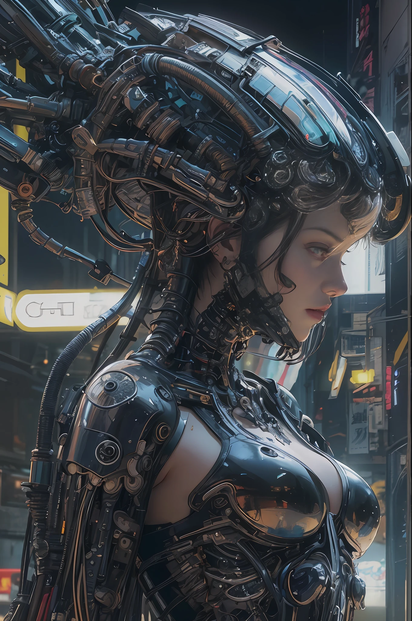 Top Quality, Masterpiece, Ultra High Resolution, ((Photorealistic: 1.4), Raw Photo, 1 cyberpunk Girl, Glossy Skin, 1 Mechanical Girl, (Ultra Realistic Details)), mechanical limbs, tubes connected to the mechanical parts, mechanical vertebrae attached to the spine, mechanical cervical attachment to the neck, wires and cables connecting to the head, Evangelion, Ghost in the Shell, small glowing LED lamps, global lighting, deep shadows, Octane Rendering, 8K, Ultra Sharp, Metal, Intricate Ornament Details, baroque details, Very intricate details, realistic light, CGSoation trend, facing the camera, neon details, (dazzling Cyberpunk city streets in background), art by H.R. Giger and Alphonse Mucha.