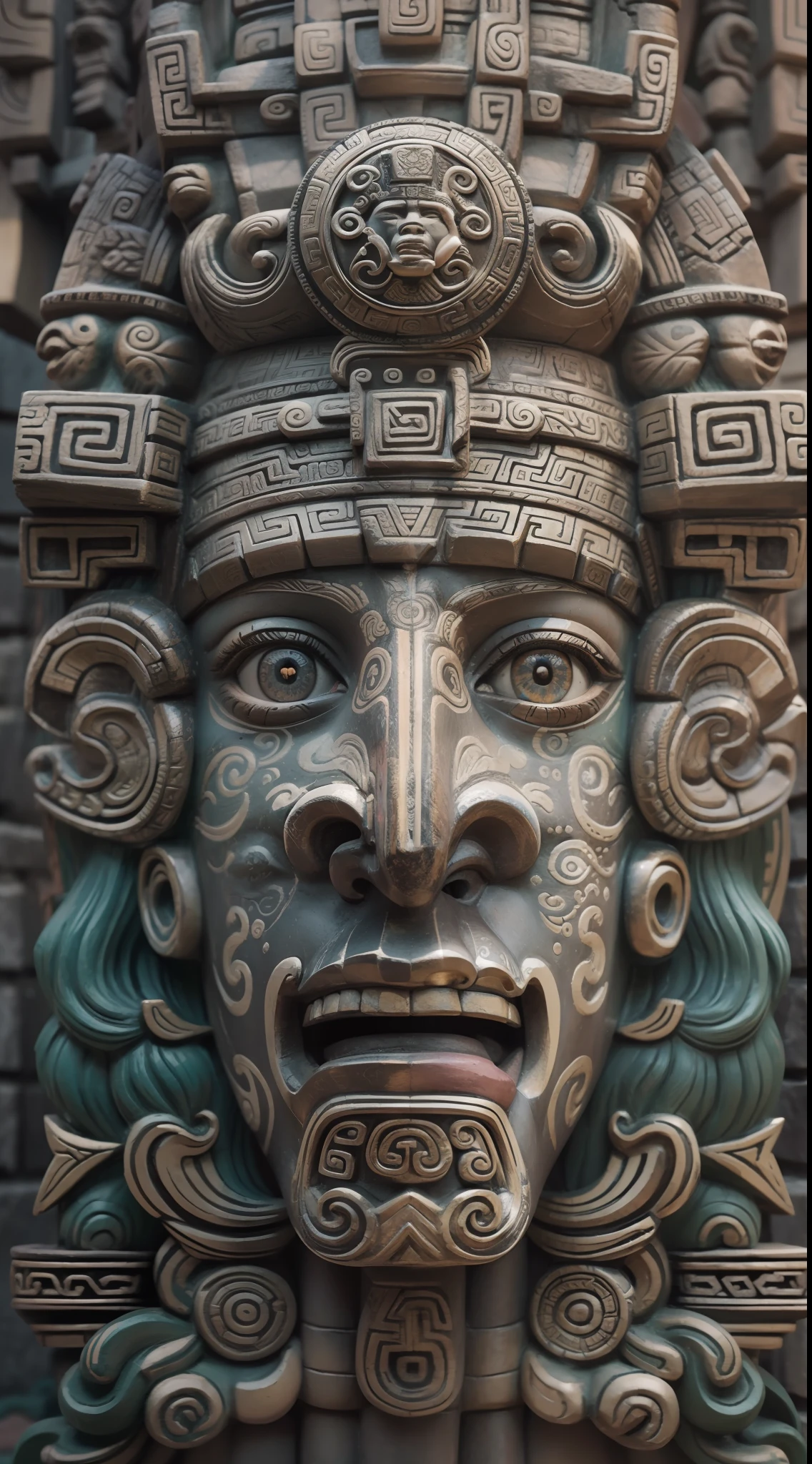 a close up of a stone sculpture with a face on it, mayan style, dan mumford. maya render, classic mayan mythology, by Kerembeyit, mayan god, totem 2, aztec god, kerem beyit, mayan temple in the jungle, ancient tribe, aztec mythology, totem, intricate digital painting, amazing detail digital art, 4k detailed digital art