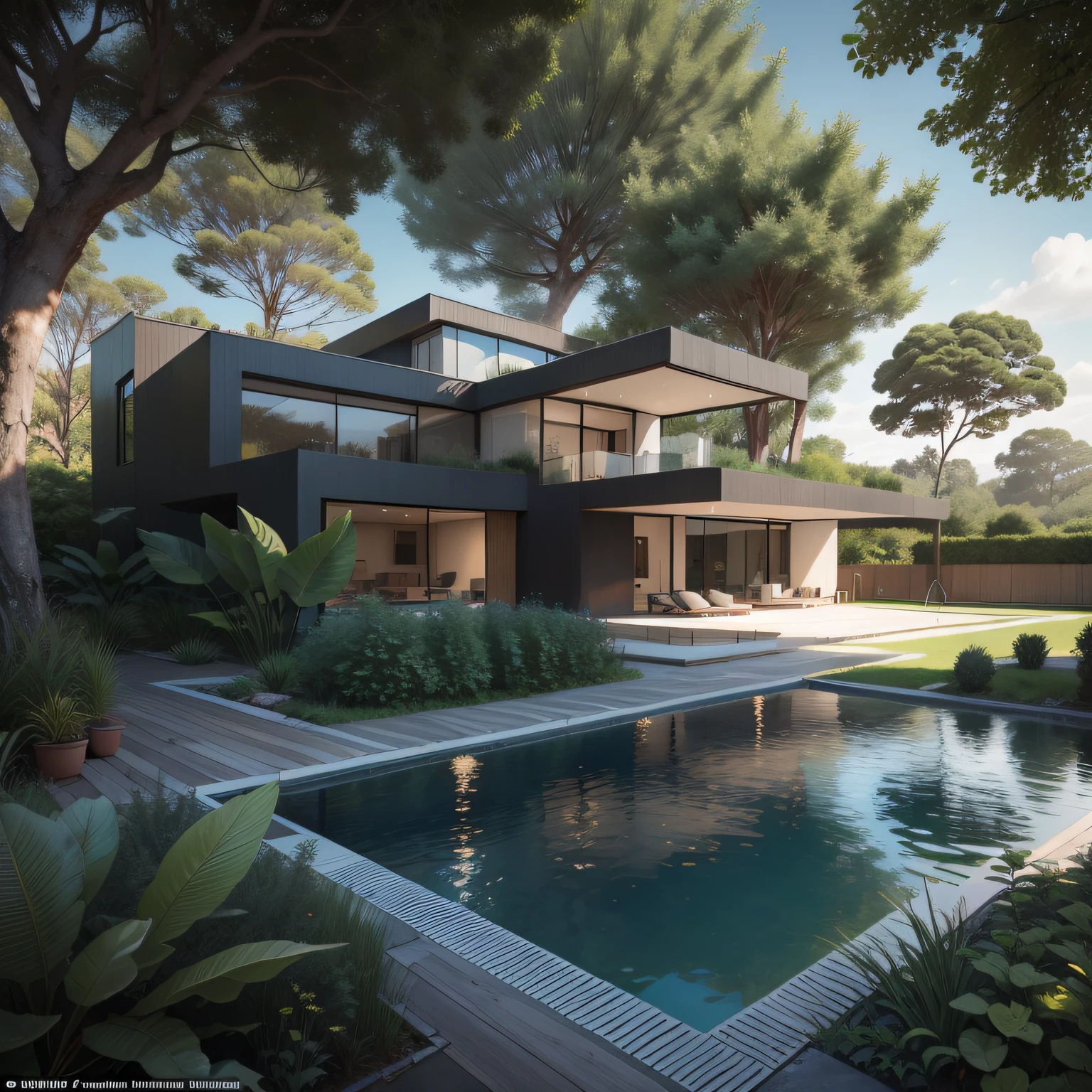 Organic modern architecture on a large plot of land out of sight, Terreno bastante grande, terreno paisagem, pradaria com arvores , There is a swimming pool in the middle of a large one-story house, cor da casa em vigas marrom chocolate e preto, large modern residence, telhados planos e jardim, render luxcore, renderizar oktane, a photorealistic rendering, architectural render, mantra rendering, architectural render, realism rendering, architectural visualisation, piscina de bem-estar, architectural visualisation, Large green areas, com pequenas zonas de flores de lavanda, arbustos verdes tipo exuberante jardim verde, as well as small water mirrors, swimming pool embedded in an area of sand, oliveiras e pinheiros ao redor da casa, 8k ultra-realista, muito detalhe