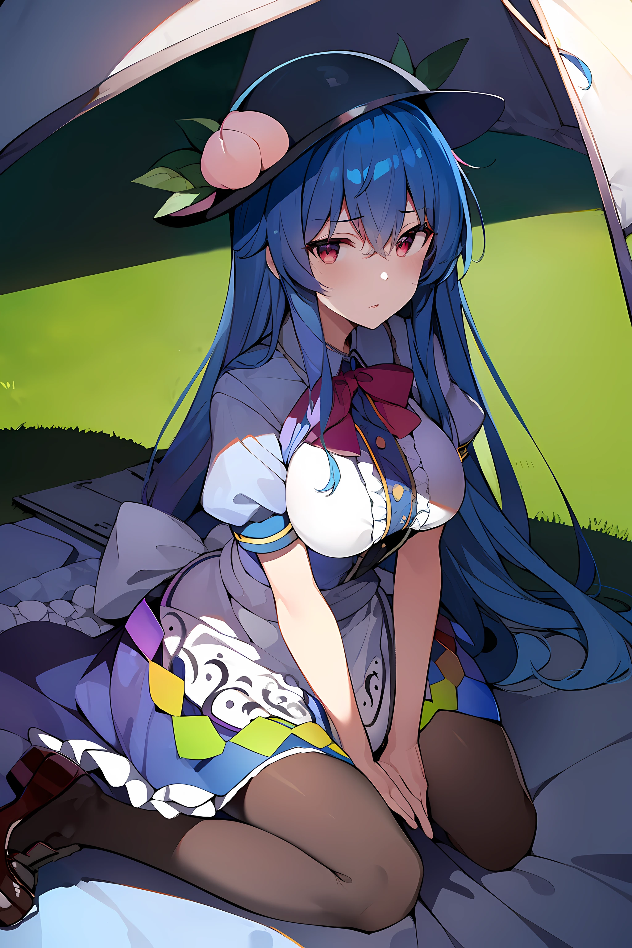 (masterpiece),best quality, expressive eyes, perfect face,w sitting, w sitting on ground, legs on ground, 1girl,
big breast, H-cup, good breast, hands on waist,beautiful, gorgeous,anime,girl,lora,hinanawi tenshi, blue hair, blue haired,tent boobs, tent chest, tent breast, floating clothes