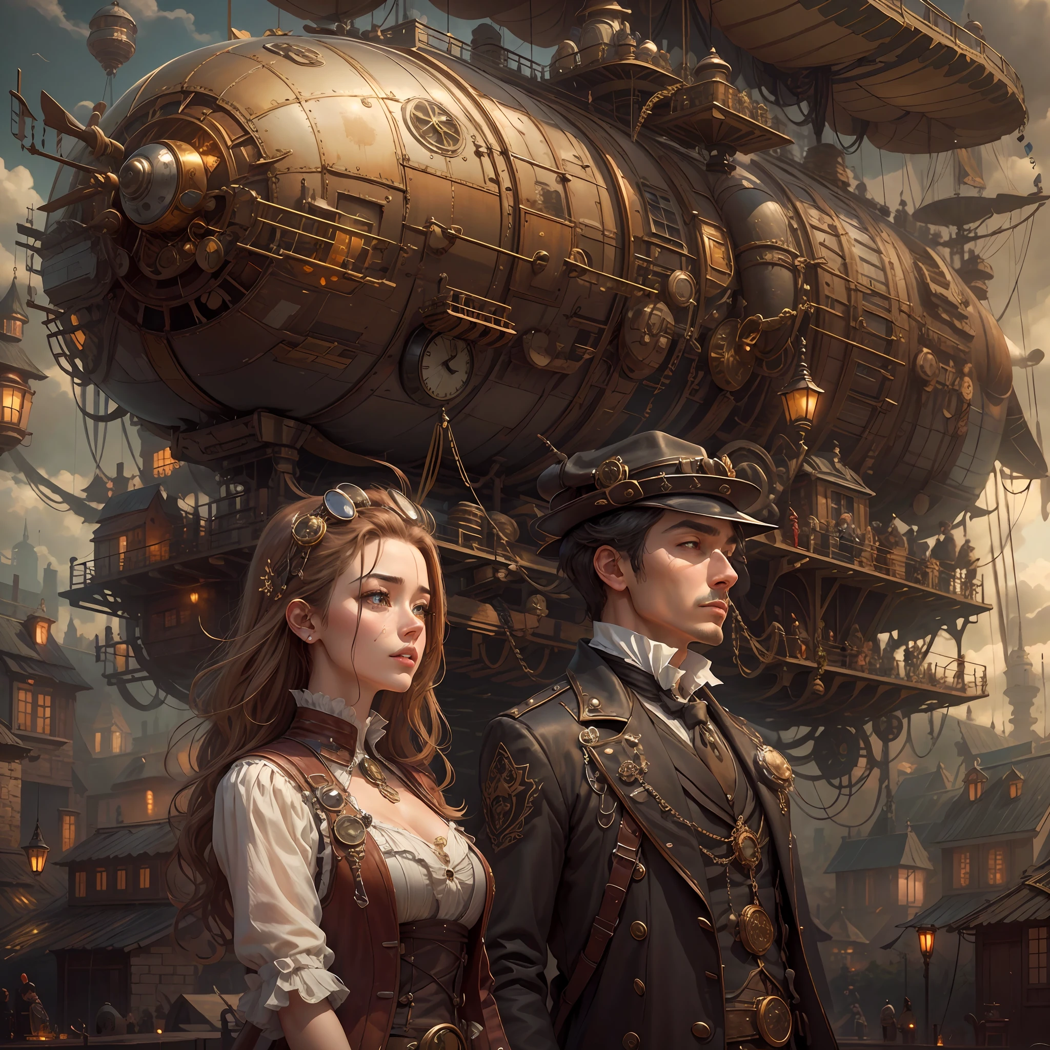 best qualtiy,tmasterpiece,超高分辨率,(realisticlying:1.4),absurderes,(1 young couple repairing an airship in the manor,(Eye focus),sface focus, Clear facial features),(koh_amberheard:0.8),1 best long shot photo of Mechanical Airship Manor,Fantasy sci-fi vehicles,hyper realisitc,steampunc,Complex design,insanely details,finely detailled,Steampunk AI,1 couple doing business on the estate