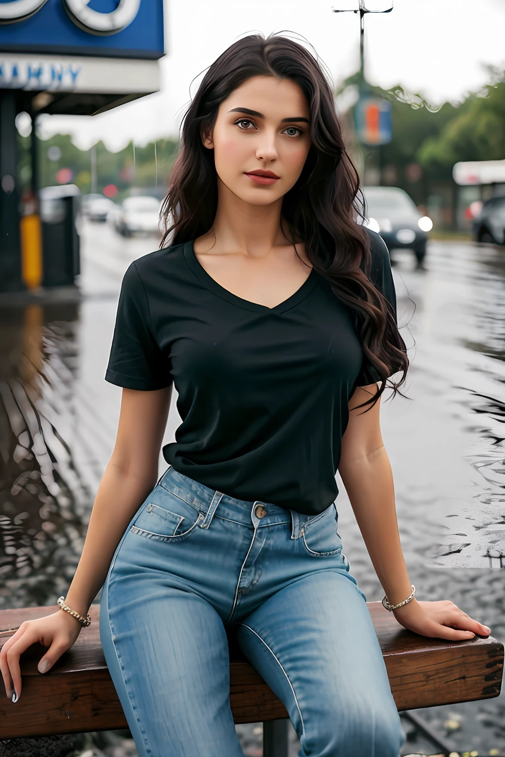 ((Best Quality, 8k, Masterpiece:1.3)), Focus: 1.2, Perfect Body Beauty: 1.4, Arabian 27 years old woman: 1.2, ((Black curly Hair)), (Green plain, round neck, regular fit basic tee-shirt:1.1), no print on Teeshirt, no underneath bra, Rounded neck basic full body length, regular fitting tee-shirt, Mid Blue skinny jeans, low rise jeans, long jeans: 1.1, short sleeves green regular tee-shirt, full length green tee-shirt, Highly detailed face and skin texture, Detailed eyes, Double eyelids, toned body, Whitened skin, serious mood, firm big breasts, perfact firm legs, high heel's, whitened skin, detailed jet black eyes, black wavy hairstyle, detailed face, middle eastern woman, baggy medium size basic tee-shirt, simple plain regular Tee-shirt, large hips, 8K UHD, black anklet, model looks, city in night, rainy weather, night time, silver wrist watch, bracelet, bangle's, open legs style Posing, old shell gas station, sitting on a old wooden chair, high heels, detailed beautiful feets, detailed feets fingers and shape, old petrol pump, rainy atmosphere, wet roads, model shoot style, sitting on old stool, wooden chair, wooden bench, night time, Roadside Marlboro Ad billboard neon sign, Old Gas station,