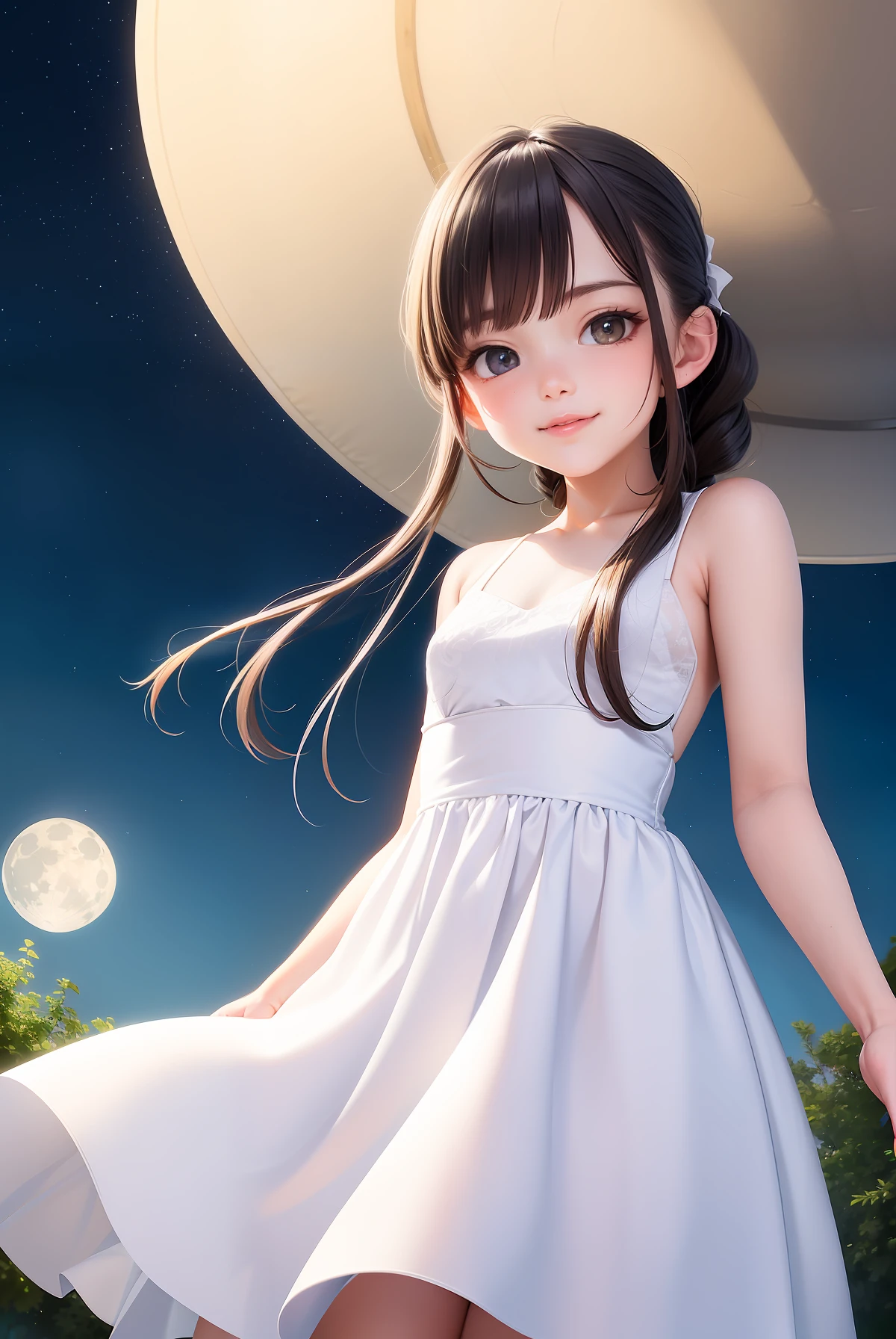 Under the clear moonlight,Beautiful double ponytailed girl wearing a white dress,Pure,ssmile