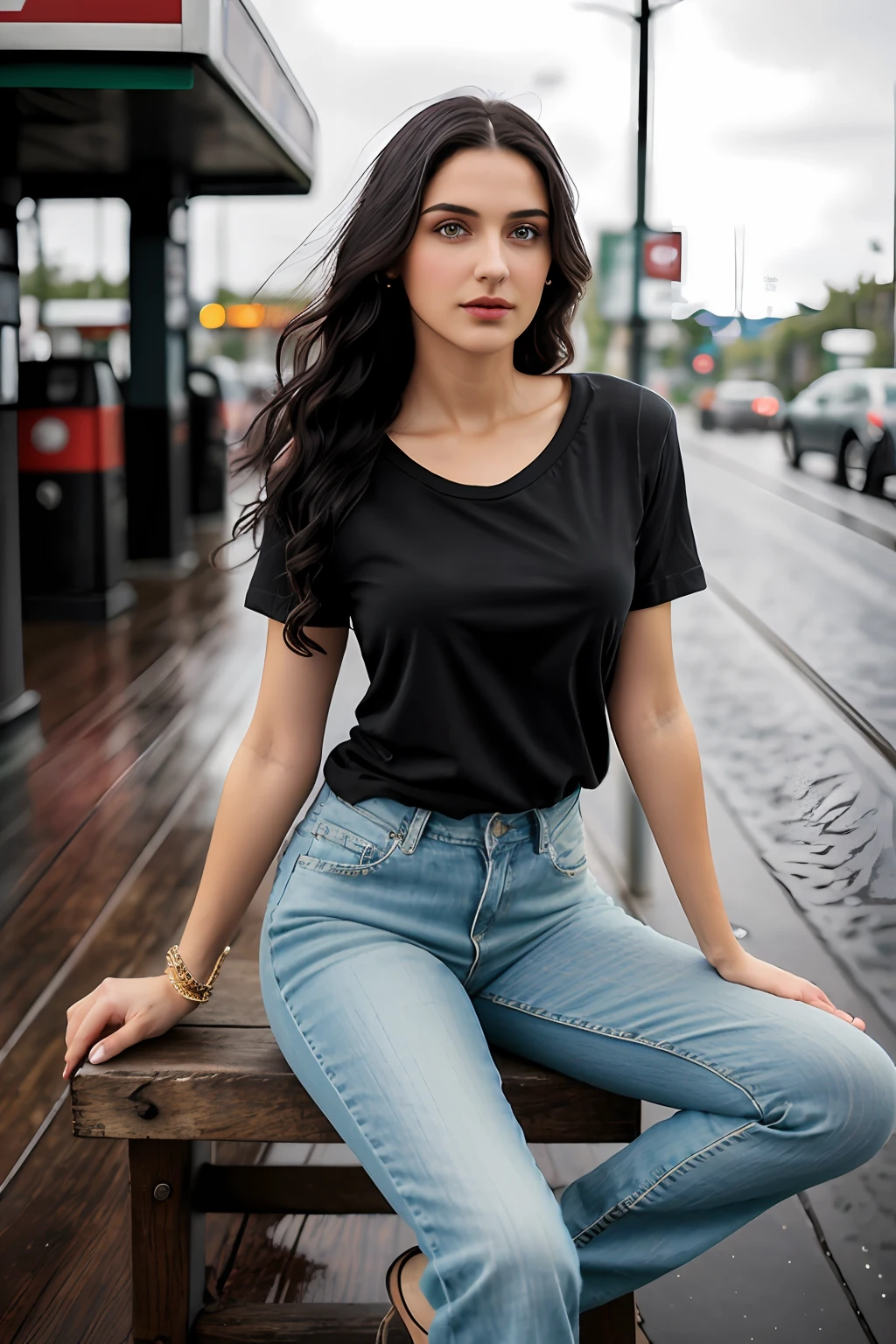((Best Quality, 8k, Masterpiece:1.3)), Focus: 1.2, Perfect Body Beauty: 1.4, Arabian 27 years old woman: 1.2, ((Black curly Hair)), (Green plain, round neck, regular fit basic tee-shirt:1.1), no print on Teeshirt, no underneath bra, Rounded neck basic full body length, regular fitting tee-shirt, Mid Blue skinny jeans, low rise jeans, long jeans: 1.1, short sleeves green regular tee-shirt, full length green tee-shirt, Highly detailed face and skin texture, Detailed eyes, Double eyelids, toned body, Whitened skin, serious mood, firm big breasts, perfact firm legs, high heel's, whitened skin, detailed jet black eyes, black wavy hairstyle, detailed face, middle eastern woman, baggy medium size basic tee-shirt, simple plain regular Tee-shirt, large hips, 8K UHD, black anklet, model looks, city in night, rainy weather, night time, silver wrist watch, bracelet, bangle's, open legs style Posing, old shell gas station, sitting on a old wooden chair, high heels, detailed beautiful feets, detailed feets fingers and shape, old petrol pump, rainy atmosphere, wet roads, model shoot style, sitting on old stool, wooden chair, wooden bench, night time, Roadside Marlboro Ad billboard neon sign, Old Gas station,