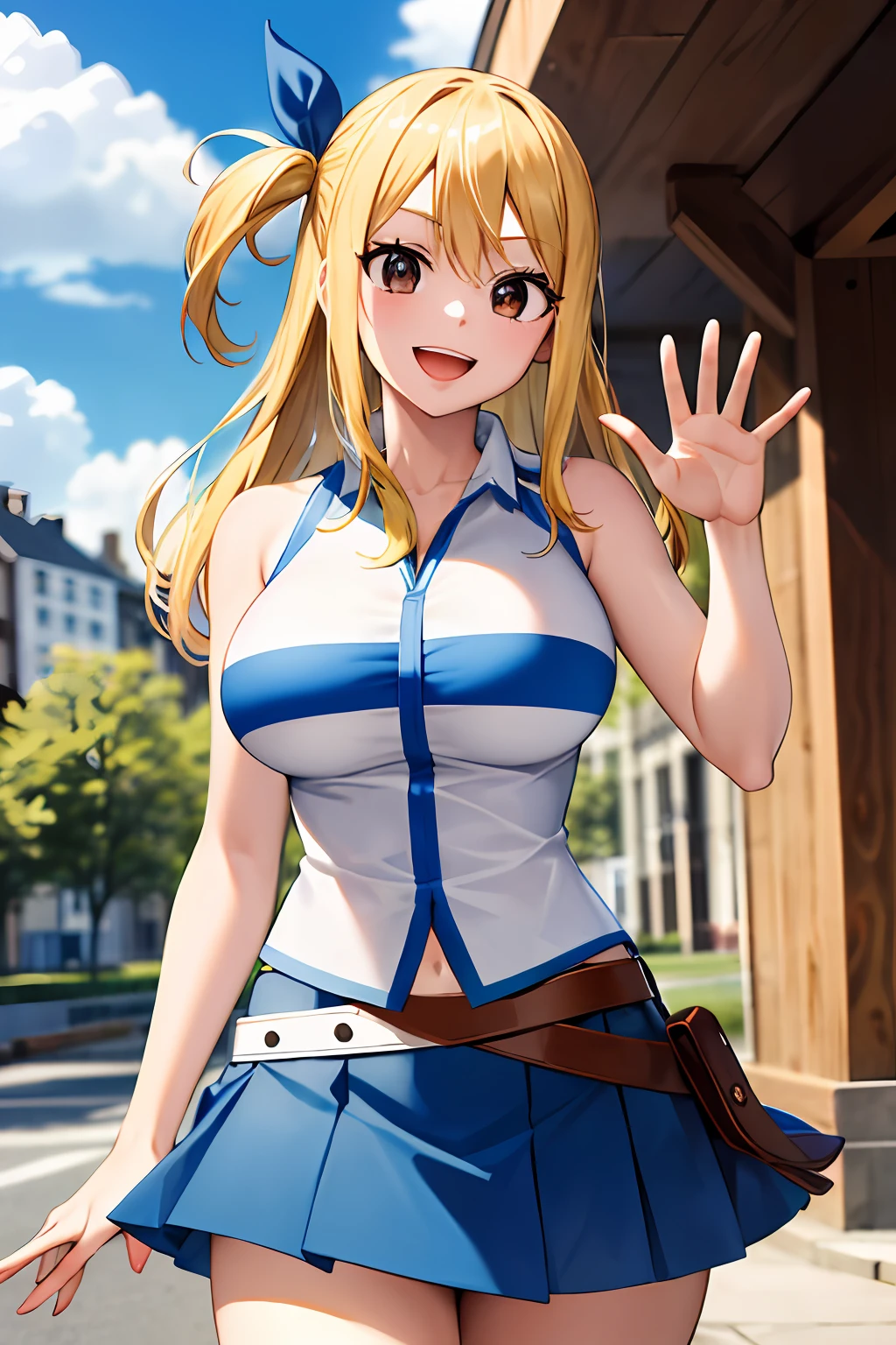 masterpiece, best quality, highres, lucy heartfilia, blonde hair, long hair, large breasts, white shirt, sleeveless, belt, blue skirt, cowboy shot, standing, looking at viewer, outdoors, waving, smile, open mouth,