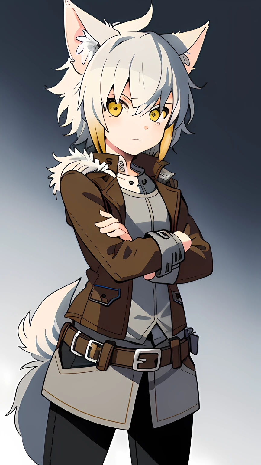 Best Quality, super detailed illustration, (1 boy:1.2), ears and tail like a wolf, femenine body, short gray hair, in a leather coat, dnd, Yellow eyes