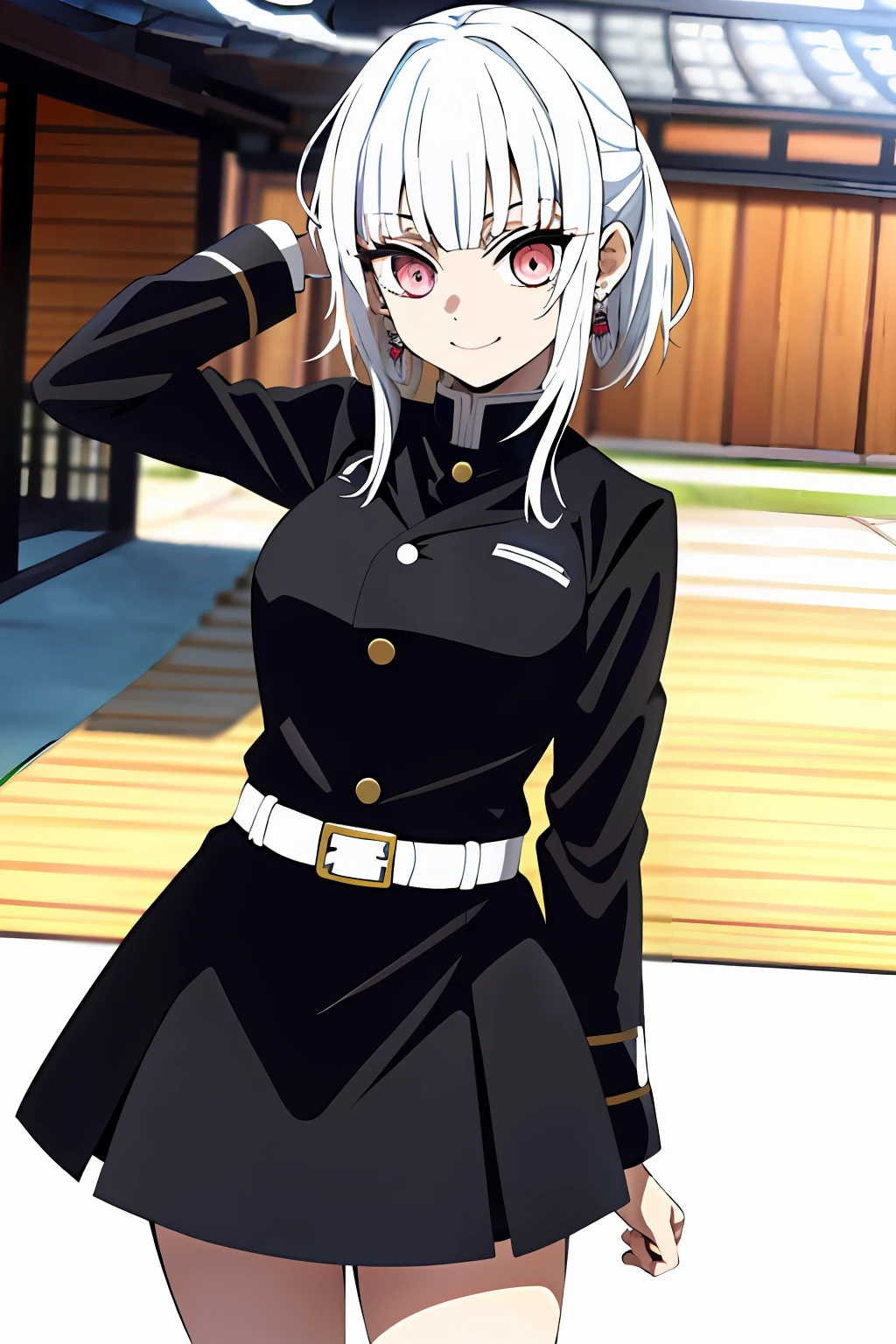 style imetsu no Yaiba, Original character, demon slayer uniform, 1 fille, Focus fille, rougir, earrings, dents, bijoux, jupe, collier , longue cheveux noir, ceinture, uniforme tueur de demon, Haori, Yeux blanc, pupille cardiaque, manches longues, Coloriage anime, ((master piece)), girl Visage souriant, debout, temple behind, cheveux Black, cheveux noir