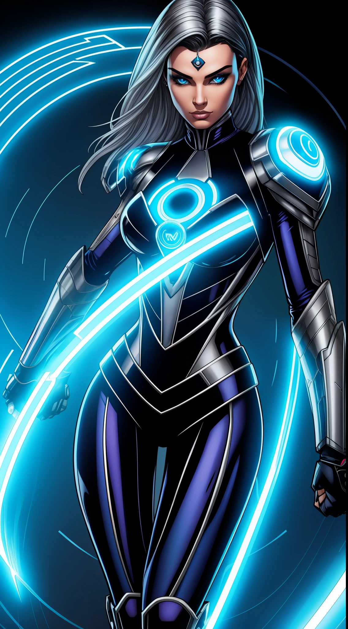 Uma mulher linda e sexy maligna de longos cabelos brancos que ostenta uma figura majestosa,que possui um corpo bem sexy, Dressed in futuristic Cyberpunk Tron armor that glows with shades of silver and electric blue. possui olho azuis que brilha com a energia temporal, He has hourglass symbols on his arms symbolizing the weaving of time in his hands.