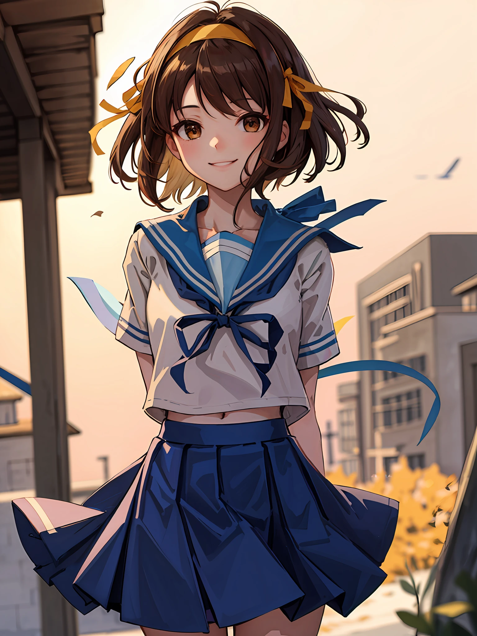 (highres, best quality:1.2), radiance, soft contours, beautiful drawing, cowboy shot, (soft focus:1.5) on the Foreground, (Bokeh-filled Foreground:1.2), Shallow Depth of Field, Delicate Blur, Subtle Transitions, Depth and Atmosphere, masterpiece, 8k wallpaper, best quality, highres, 1girl, suzumiya haruhi, solo, kita high school uniform, blue sailor collar, sailor collar, blue skirt, brown hair, short hair, brown eyes, hairband, medium hair, ribbon, standing, smile, outdoors, winter