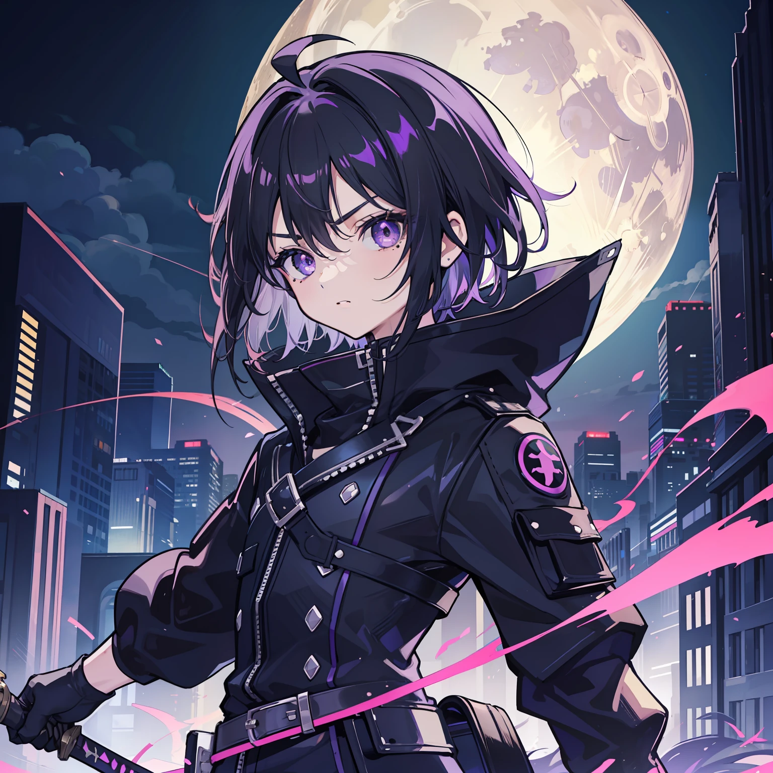 teenager, short hair, black hair, serious, masterpiece, best quality, masterpiece,best quality,official art,extremely detailed CG unity 8k wallpaper, night, full_moon, strong rim light, in the cyberpunk city, solo, little boy, beautiful young man, kawaii, cavalryman, aristocratic, short hair, black hair, shiny hair, ahoge, beautiful detailed eyes, eyeball, scowl, mole under eye, longeyelashes, purple eyes, half gloves , holding sword,
