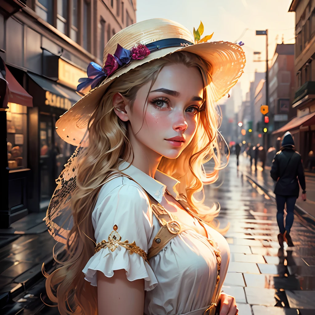 (best quality, masterpiece, realistic:1.3), (detailed), a woman in a white dress and woman's hat standing in front of a wet street, portrait of very beautiful girl , (looking at the viewer:1.1), long blond hair, loving smile, cityscape, the golden hour, elegant decollate, photo of a beautiful, on the streets, (camera field of depth:1.3),(left side of composition:1.3), insanely detailed, enhanced hd, Sony a7III, style of ivan shishk, 16k, UHD, HDR,(Masterpiece:1.5),(best quality:1.5) --auto --s2