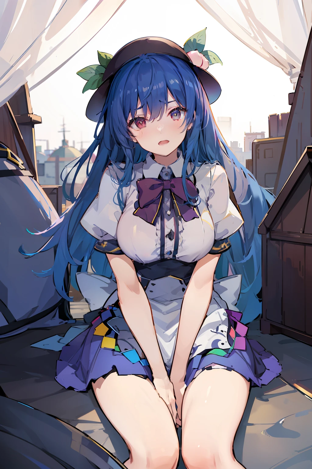 (masterpiece),best quality, expressive eyes, perfect face,w sitting, w sitting on ground, legs on ground, 1girl,
big breast, H-cup, good breast, hands on waist,beautiful, gorgeous,anime,girl,lora,hinanawi tenshi, blue hair, blue haired,tent boobs, tent chest, tent breast, floating clothes