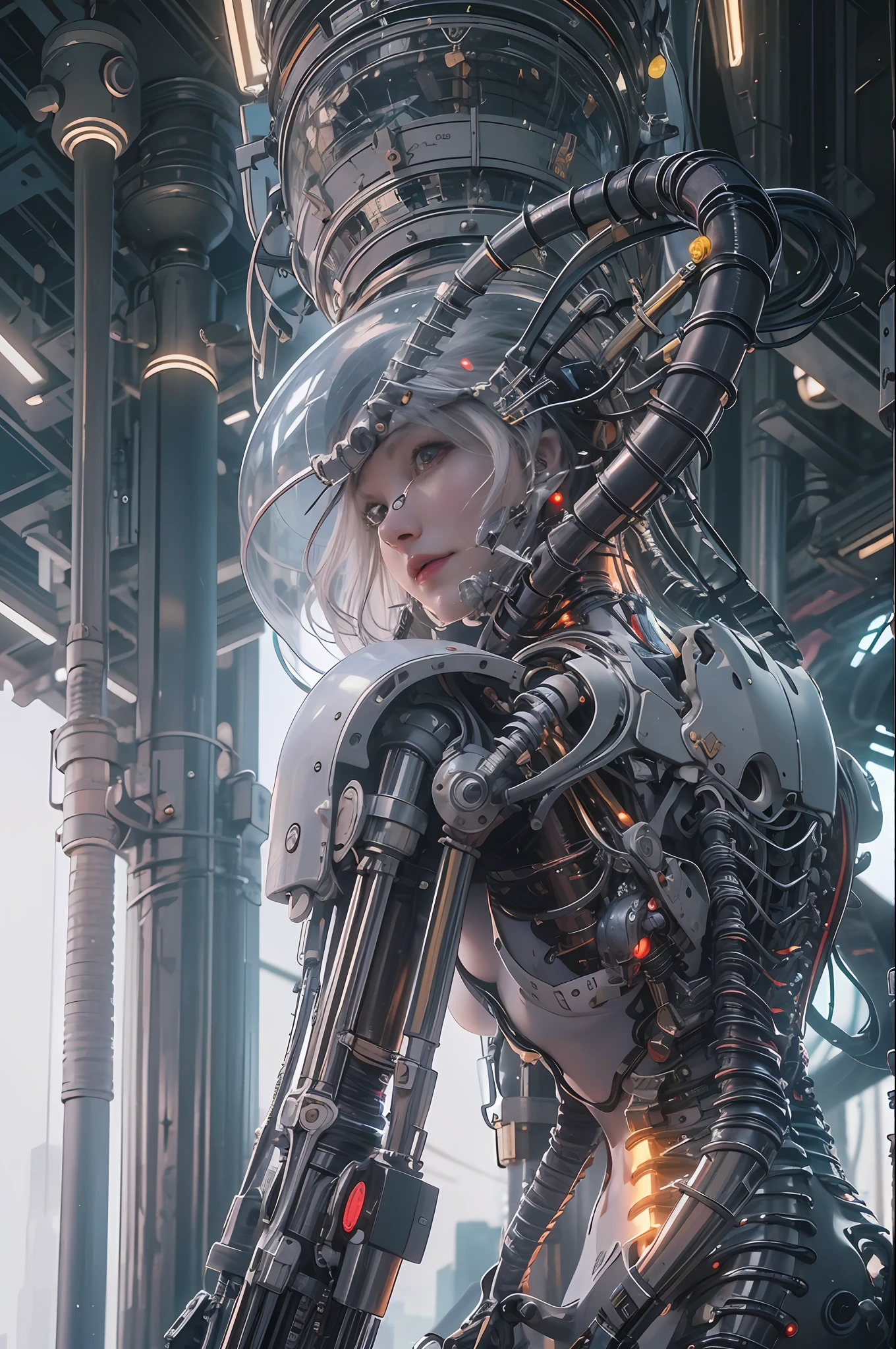 Top Quality, Masterpiece, Ultra High Resolution, ((Photorealistic: 1.4), Raw Photo, 1 cyberpunk Girl, Glossy Skin, 1 Mechanical Girl, (Ultra Realistic Details)), mechanical limbs, tubes connected to the mechanical parts, mechanical vertebrae attached to the spine, mechanical cervical attachment to the neck, wires and cables connecting to the head, Evangelion, Ghost in the Shell, small glowing LED lamps, global lighting, deep shadows, Octane Rendering, 8K, Ultra Sharp, Metal, Intricate Ornament Details, baroque details, Very intricate details, realistic light, CGSoation trend, facing the camera, neon details, (android manufactory in background), art by H.R. Giger and Alphonse Mucha.