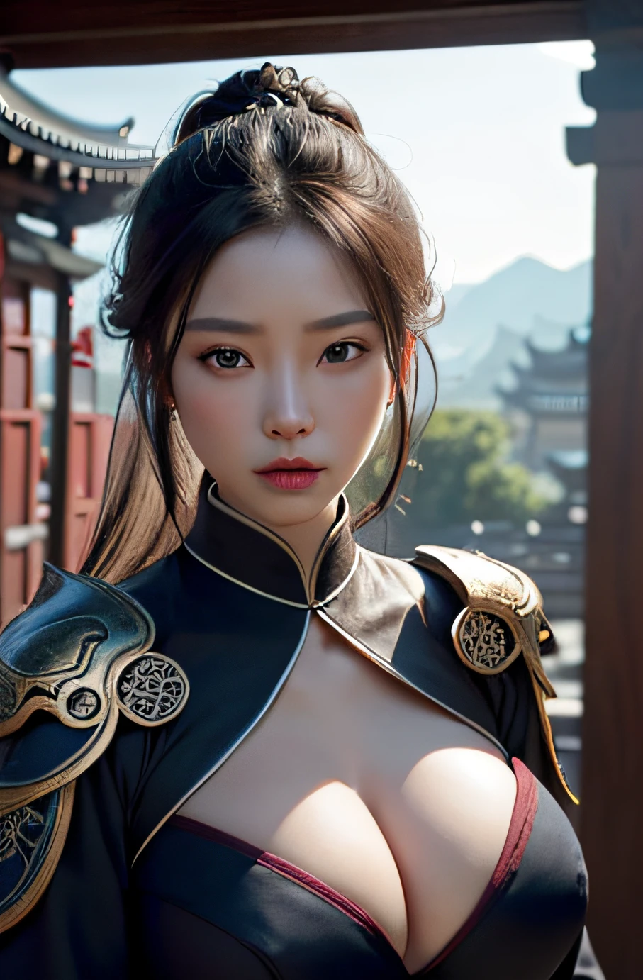 Best quality,masterpiece,ultra high res,(photorealistic:1.4),xiuxian,weapon,Detailed face, 1girl,solo,weapon,cleavage,(magic circle:1.2),xiuxian,upper body,Beautiful girl,full body,huge breasts,east asian architecture,sheath,architecture,
