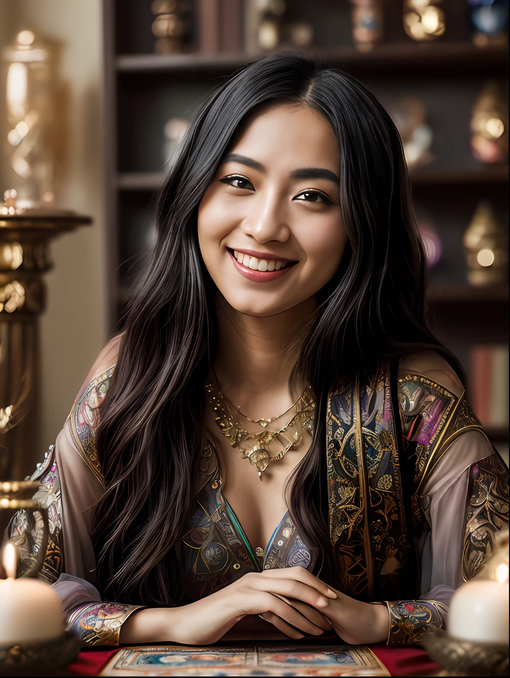 (masterpiece, high resolution, photorealistic: 1.4), (A mystic and magical charming Tarot reader woman, smiling, in a beautiful room full of Tarot themes objects:1.3). she is looking at the cards on the table. (Sony Alpha a7R IV camera expertly accustomed at capturing this captivating moment: 1.2), (combined with a versatile Sony FE 24-70mm f/2.8 GM lens, ensuring every detail is captured beautifully: 1.2) magical  (Breath-taking photo of mesmerizing beauty displaying her stunning beauty: 1.2), intricately detailed bio-incandescent luminosity background