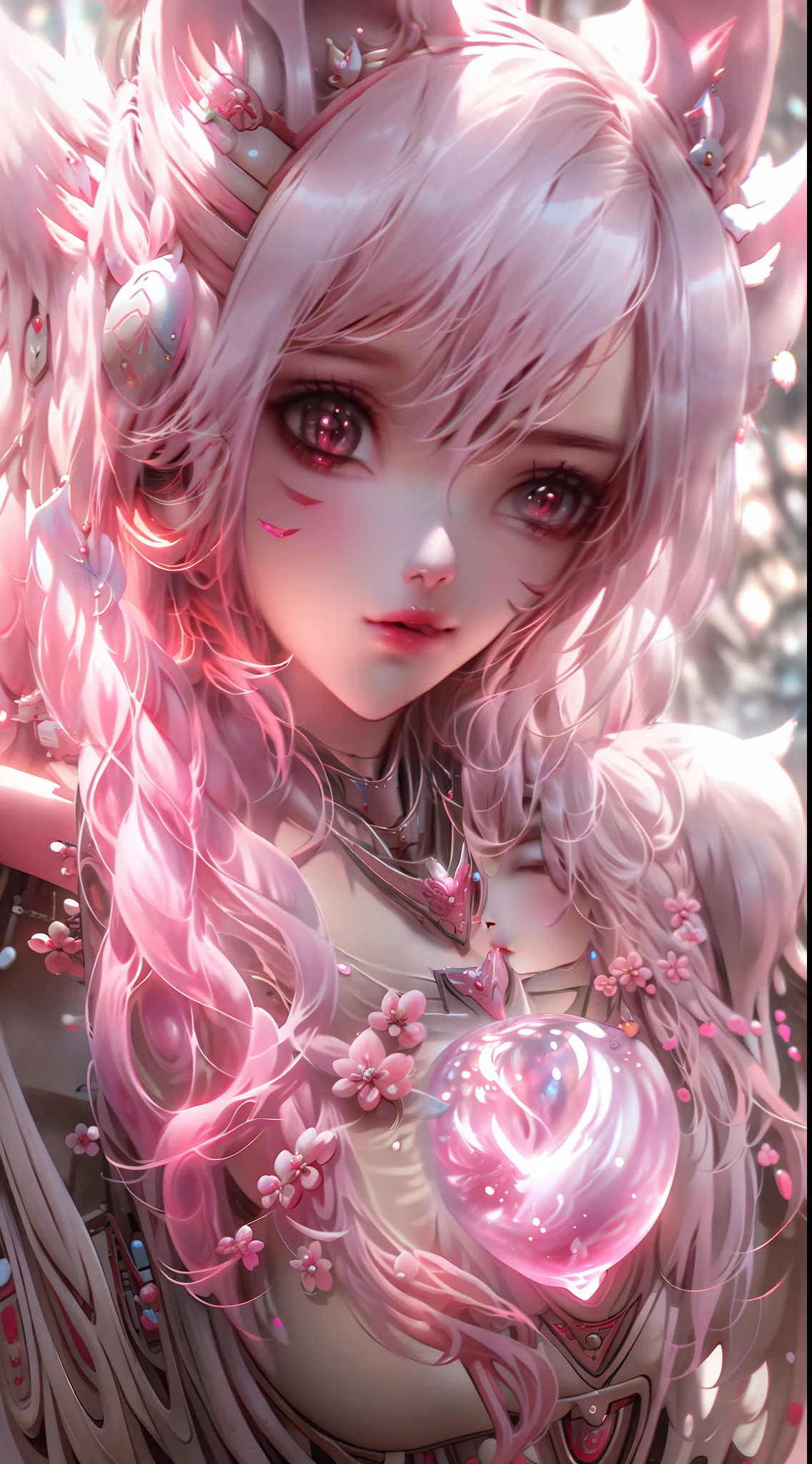 Female pink mech sculpture,Skysky,The mech is rich in detail,Mechanical skin texture,Silver robot wing detail,salama