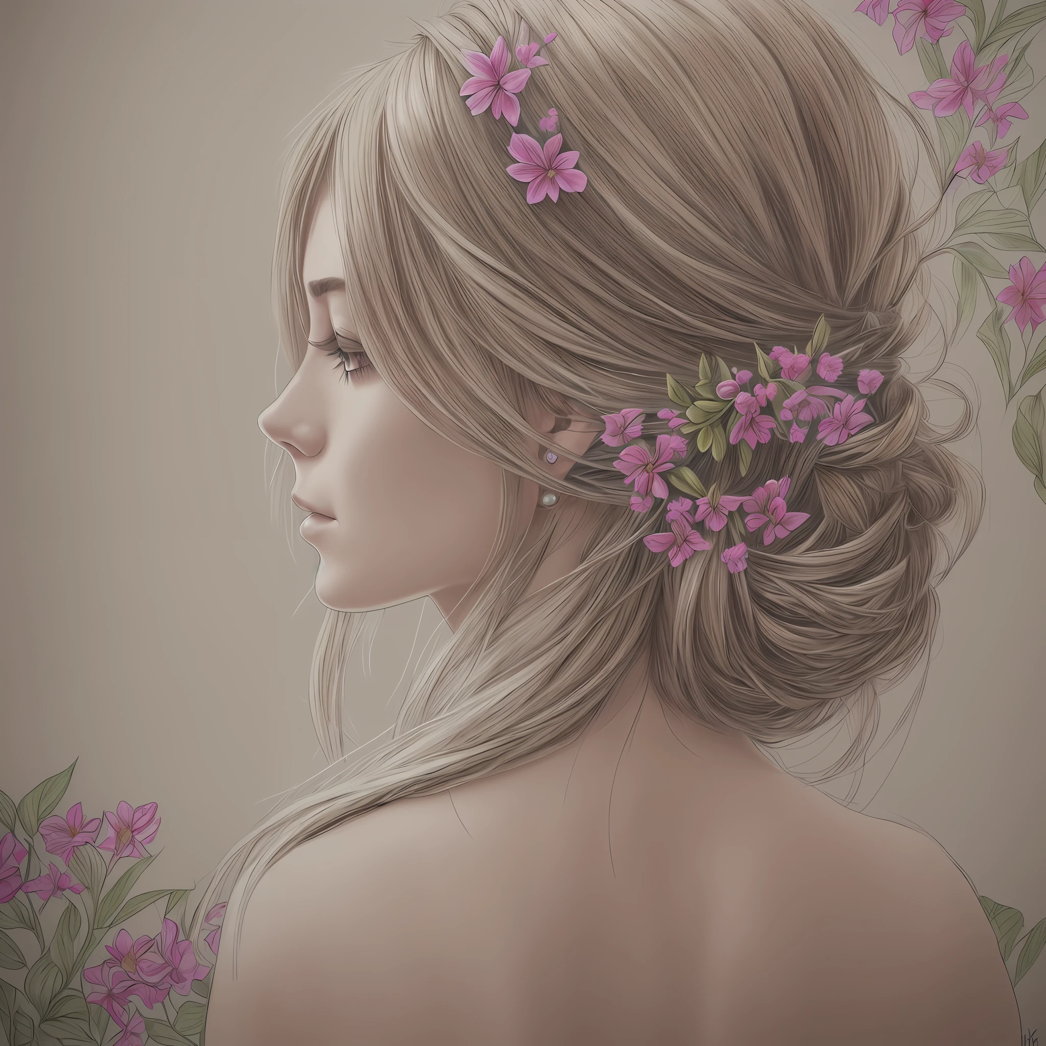woman from the back, with hair with moths and flowers, realistic, drawing --auto --s2